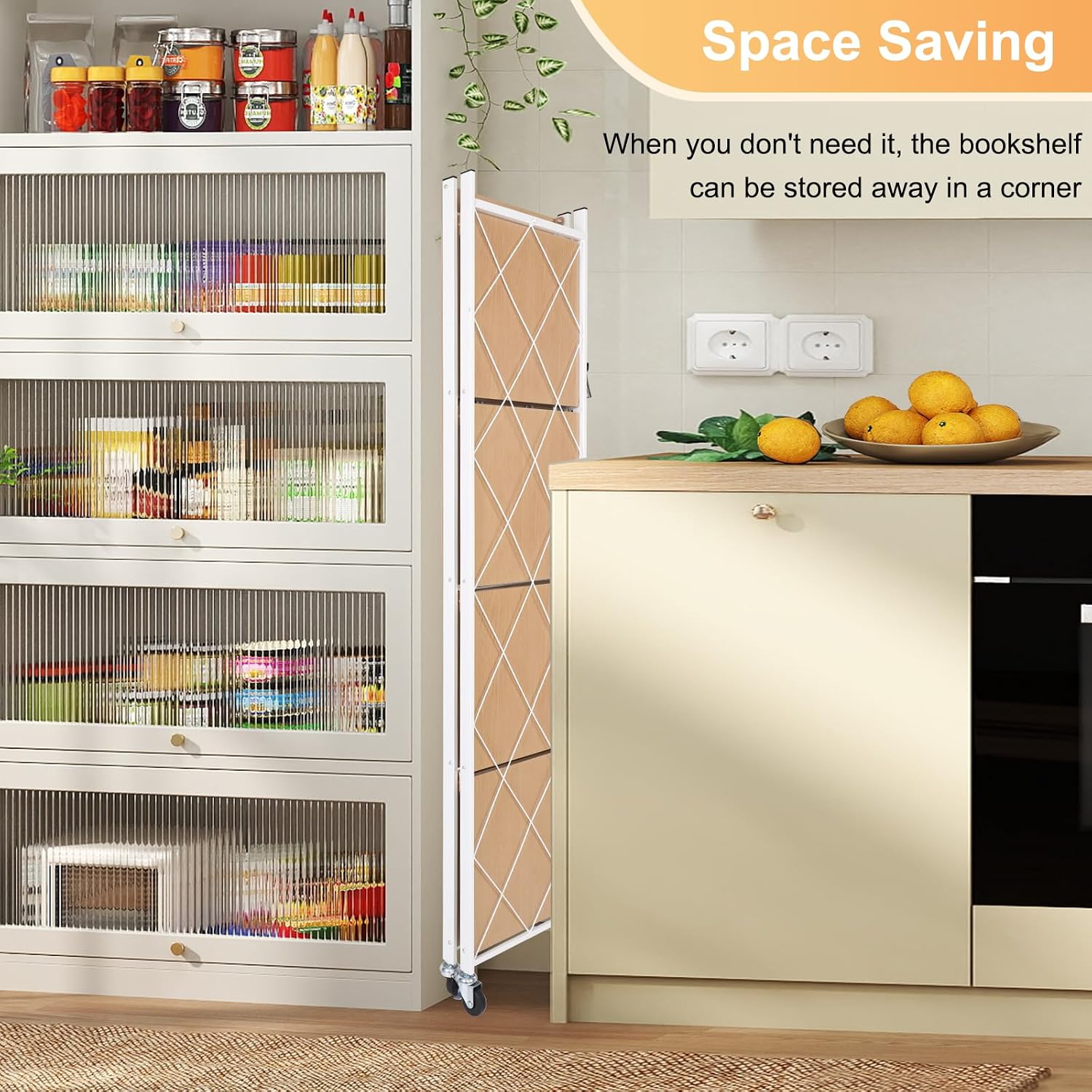 5-Tier Foldable Storage Shelves with Wheels | Portable Structure, Suitable for kitchen, bedroom, living room, bathroom, garage, wood grain transfer, 59*26*13in