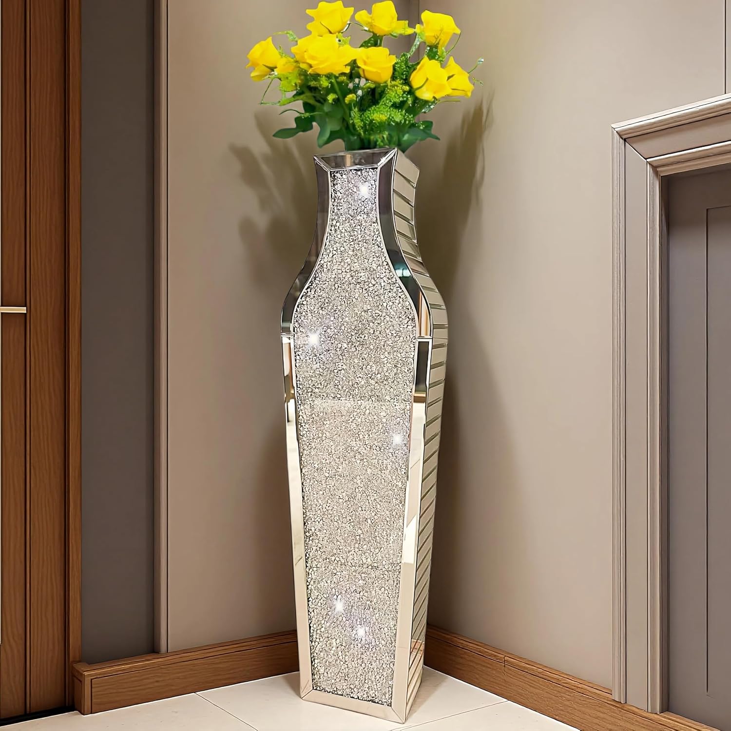 36' Extra Large Double Sided Crushed Diamond Vases, Extra Tall Mirrored Sliver Vase,Floor Vases Decorative Tall, Large Decorative Vase for Home,Office,Hotel Decor(10.6' L x5.37 W x 36' H)
