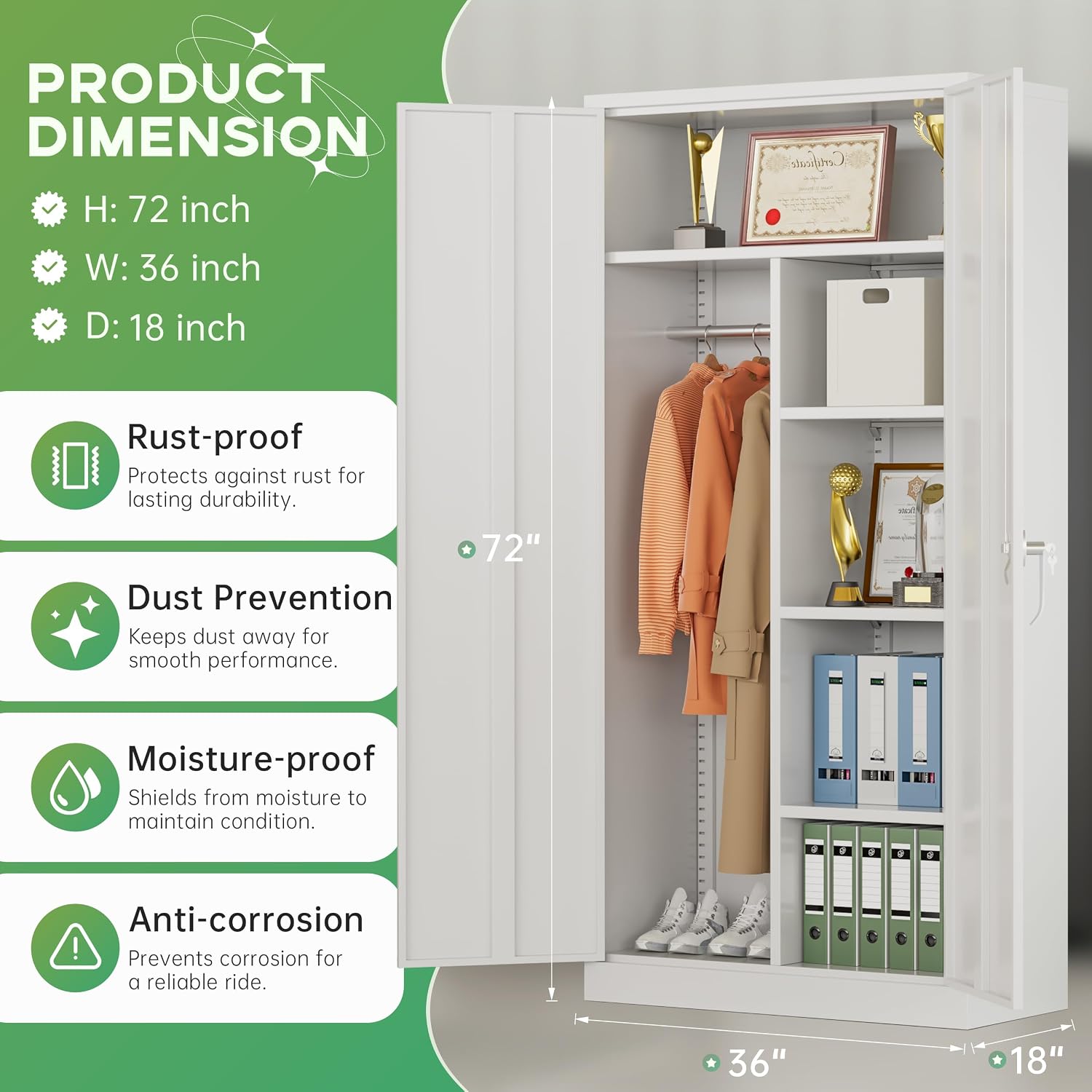 INTERGREAT Metal Wardrobe Closet, 72' Locking Storage Wardrobe Cabinet with Doors and Shelves, 18' D x 36' W Steel Clothes Storage Cabinets for Office, Home, School, Gym（White）