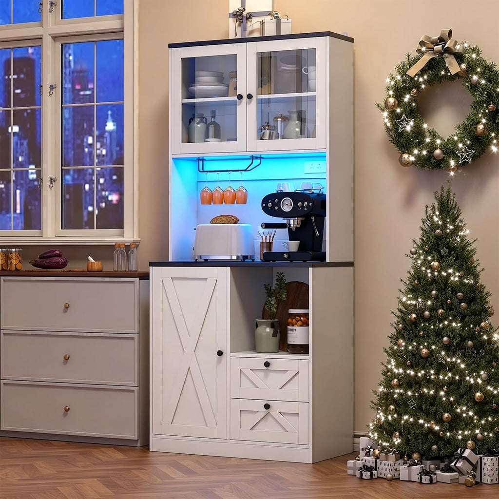 71' Tall Coffee Bar Cabinet with Storage Hutch, Farmhouse Kitchen Pantry Cabinet with LED Lights Microwave Stand and Glass Holder for Home Dining Room Kitchen,White