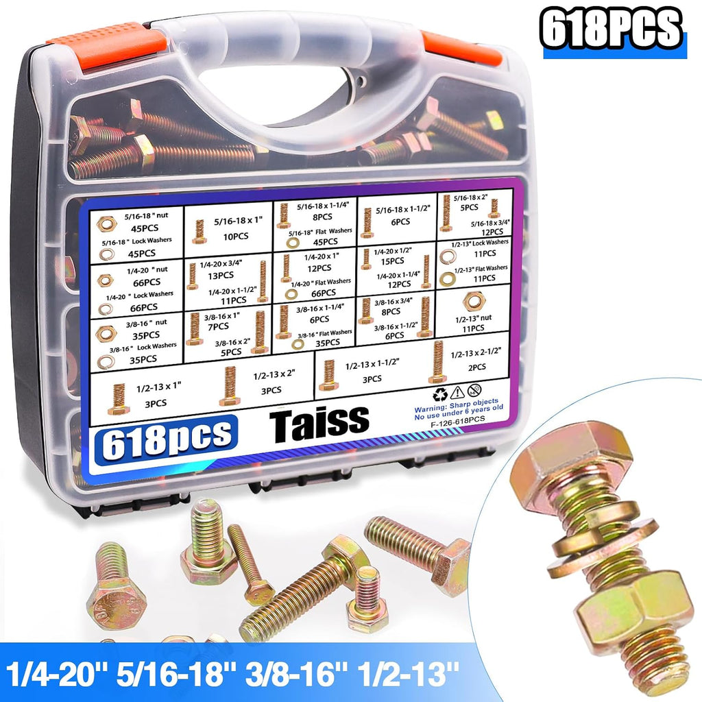 Taiss 904pcs Grade 8.8 Metric Bolt Assortment & SAE Nuts and Bolts Assortment Kit,M4 M5 M6 M8 M10 1/4-20,5/16-18,3/8-16 1/2-13(12-60mm)+618pcs Grade 8.8 Bolts and Nuts Kit,Bolt Assortment Kit