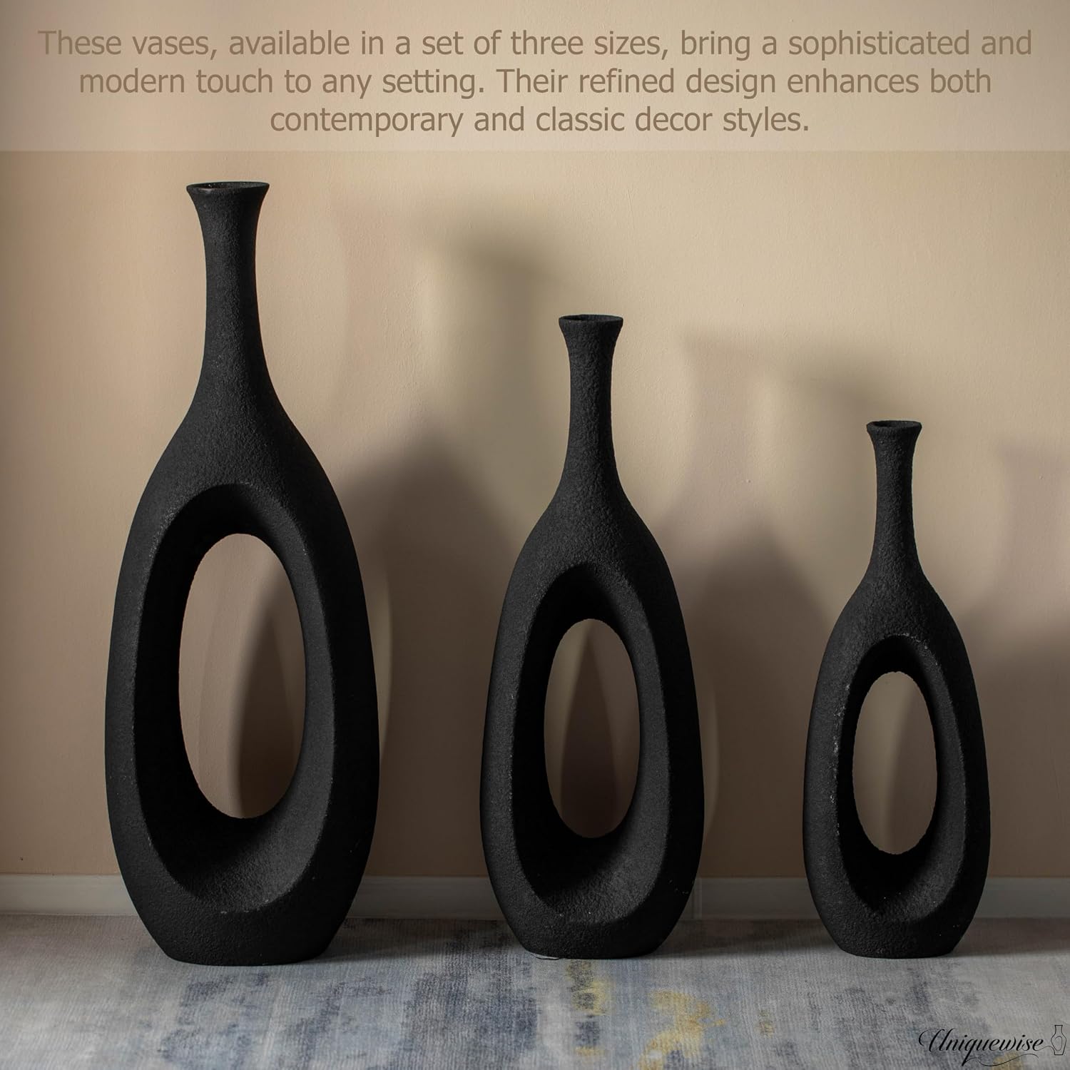 Set of 3 Frosted Black Fiberglass Tall Floor Vase - Decorative Vase for Modern Home Decor, Perfect for Living Room, Home Office, Bedroom, Kitchen, Coffee Bar, Farmhouse Decor, and Wedding Centerpieces