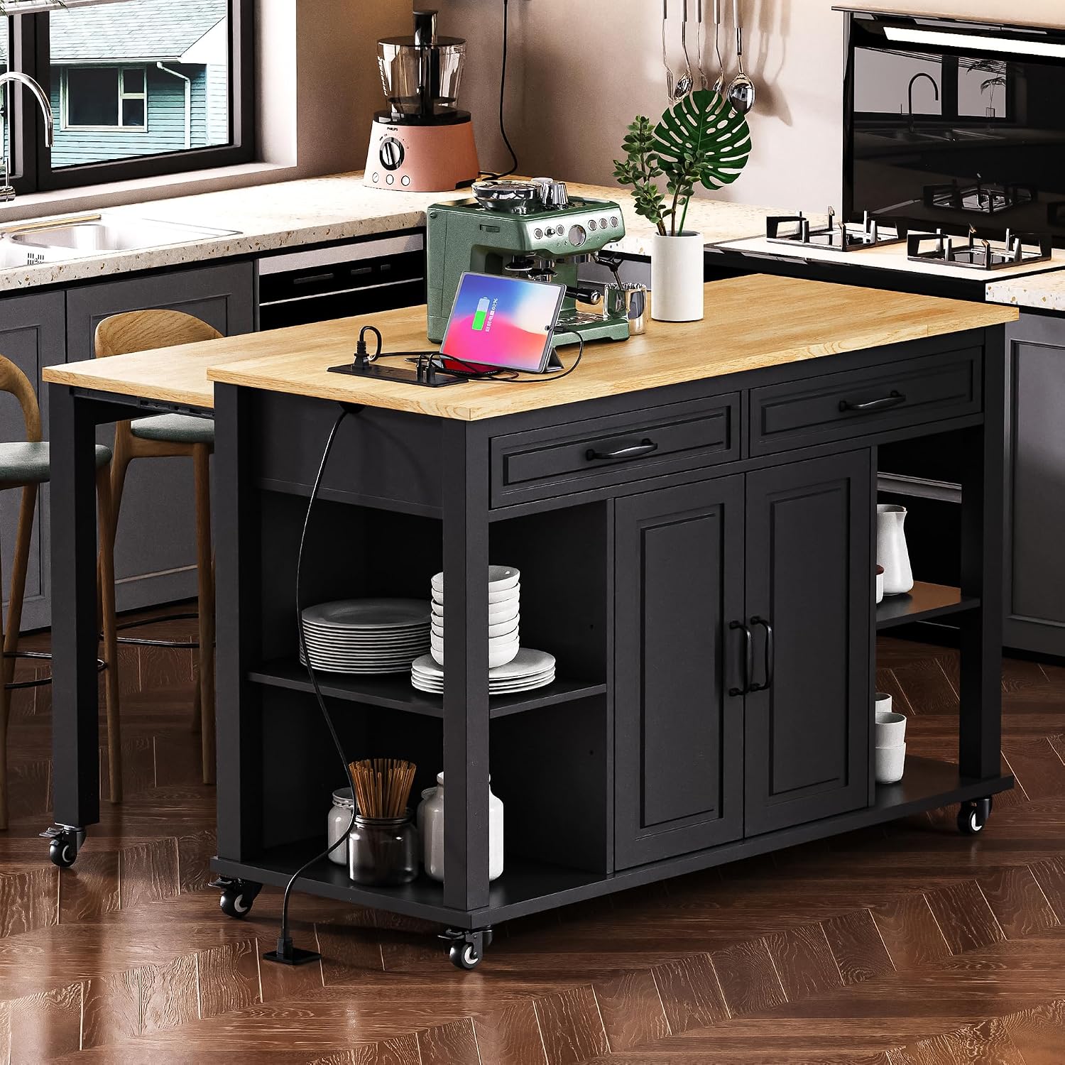 47' Kitchen Island with Extendable Dining Table, Rubber Wood Veneer Kitchen Table with Internal Storage Rack, Power Outlet, 2 Drawers, 2 Cabinet for Kitchen, Dining Room Black