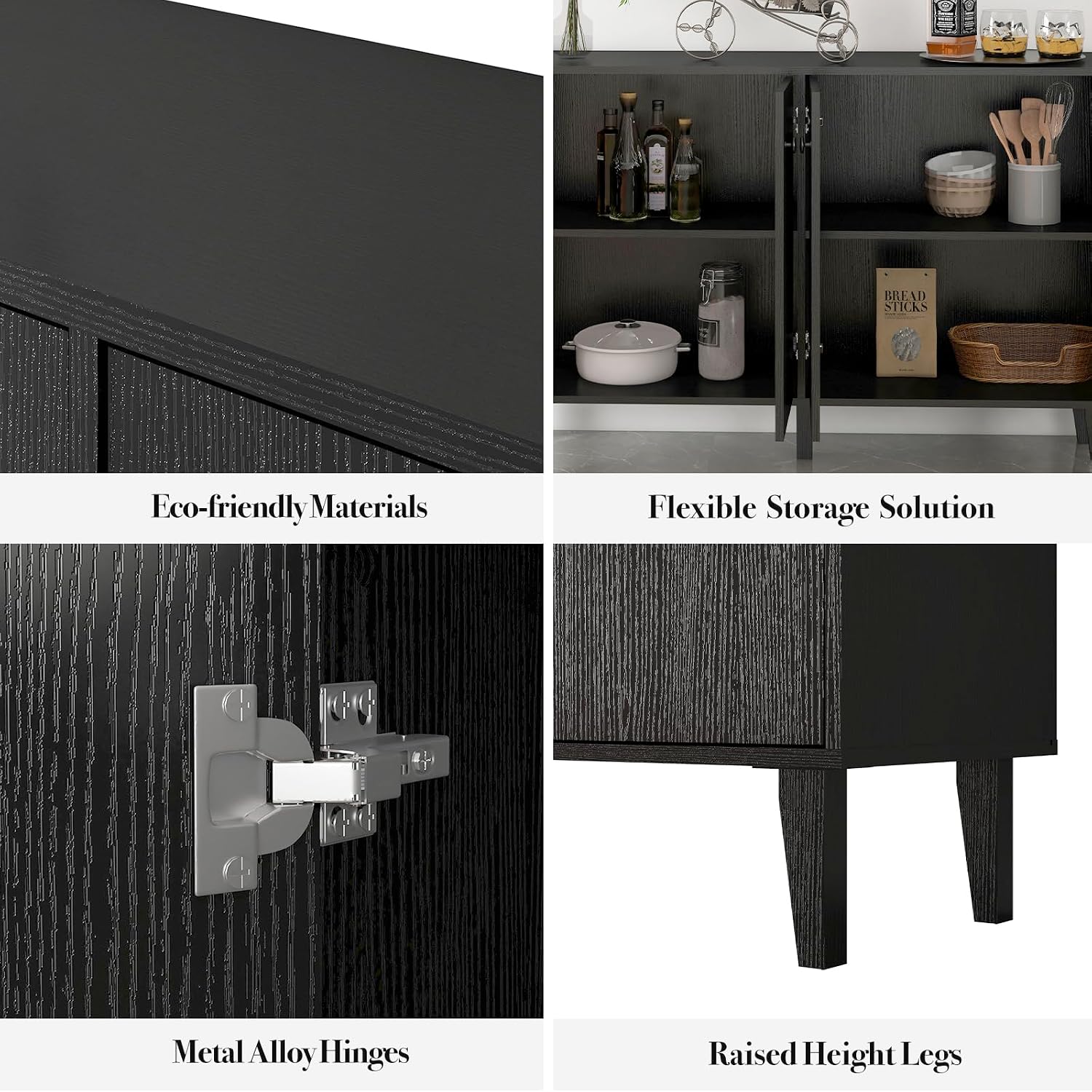 Panana Sideboard Buffet Cabinet Kitchen Storage Cabinet Living Room 4 Doors Console Table (Black)