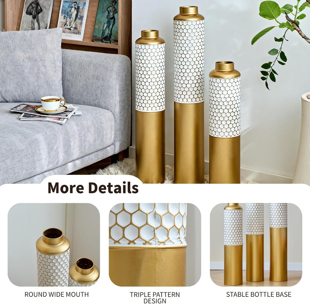 Modern Metal Standing Vase Set of 3, Gold & White Hexagon Pattern Floor Vases，Modern Glam Home Decor for Living Room, Entryway, Hallway (White&Gold - 32.6'/ 28.34'/ 24' Height)