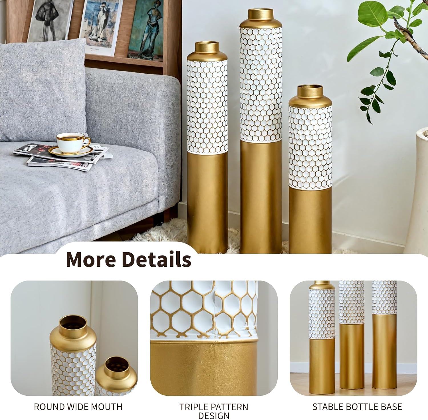 Modern Metal Standing Vase Set of 3, Gold & White Hexagon Pattern Floor Vases，Modern Glam Home Decor for Living Room, Entryway, Hallway (White&Gold - 32.6'/ 28.34'/ 24' Height)