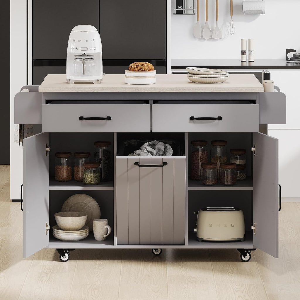 Rolling Kitchen Island Carton Wheels with Trash Can Storage Cabinet, Drop Leaf, Spice Rack, Towel Rack, Drawer, Adjustable Shelf for Dining Room Kitchens Grey