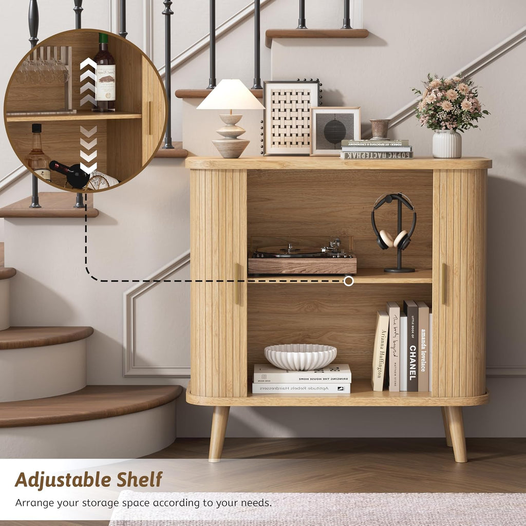 BORNOON Buffet Cabinet with Storage, Curved-Edge Fluted Storage Cabinet Sideboard, Modern Black Sideboard Buffet with Adjustable Shelves & Sliding Door for Dining Room, Kitchen, Entryway (Oak)