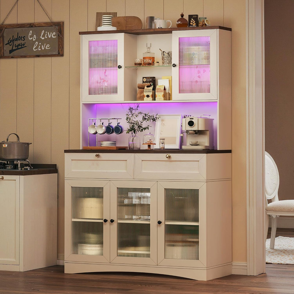 HUAHUU 71' Kitchen Pantry Cabinet with Lights & Acrylic Doors, Pantry Storage Cabinet with Microwave Stand, Kitchen Hutch Food Cabinets with Charging Station, Adjustable Shelves, White
