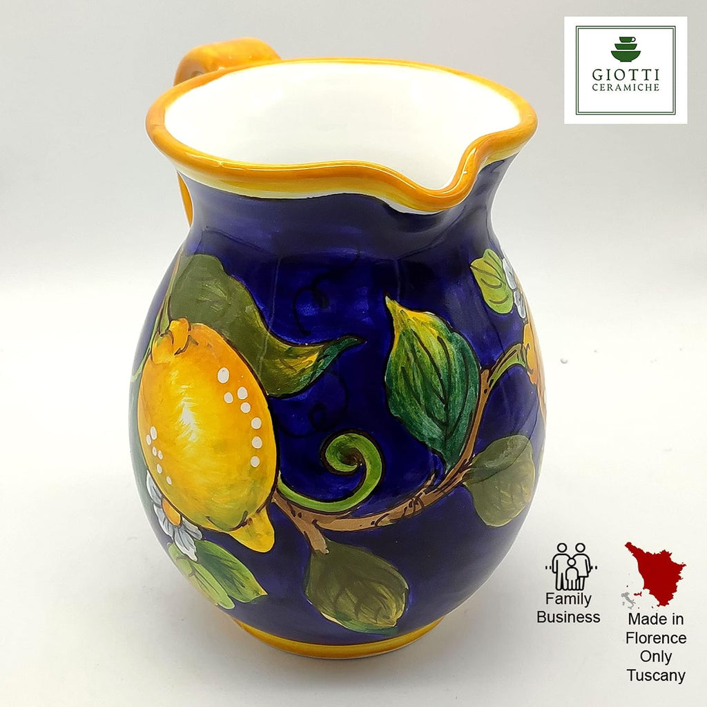 Italian Ceramic Pitcher Lemon Blue - 33 oz Hand Painted Utensil Holder Or Carafe Design for Kitchen - Made in ITALY Tuscany - Italian Pottery Vase Jar for Wine - Home Decor Ceramics Dispenser