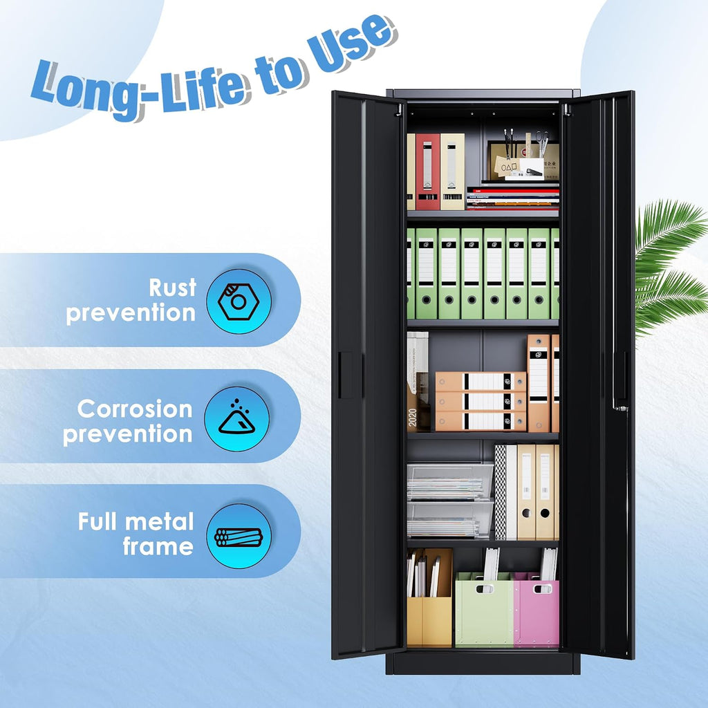 Narrow Metal Garage Storage Cabinet, Lockable Narrow Steel Storage Cabinet with 4 Adjustable Shelves for Garage, Office, Home, Assembly Required, Black, 15.75' D × 23.62' W × 70.87' H