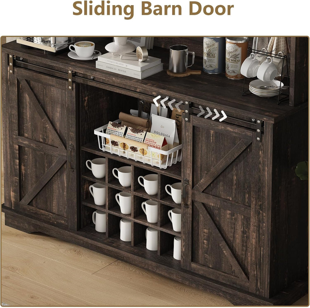 55 Inch Farmhouse Coffee Bar Cabinet with 3-Tier Enclosed Storage Cabinet, Kitchen Hutch with 12 Wine Racks & 3 Glass Holders, Coffee Bar with 6 Hooks, Wood Furniture for Dining Living Room, Oak