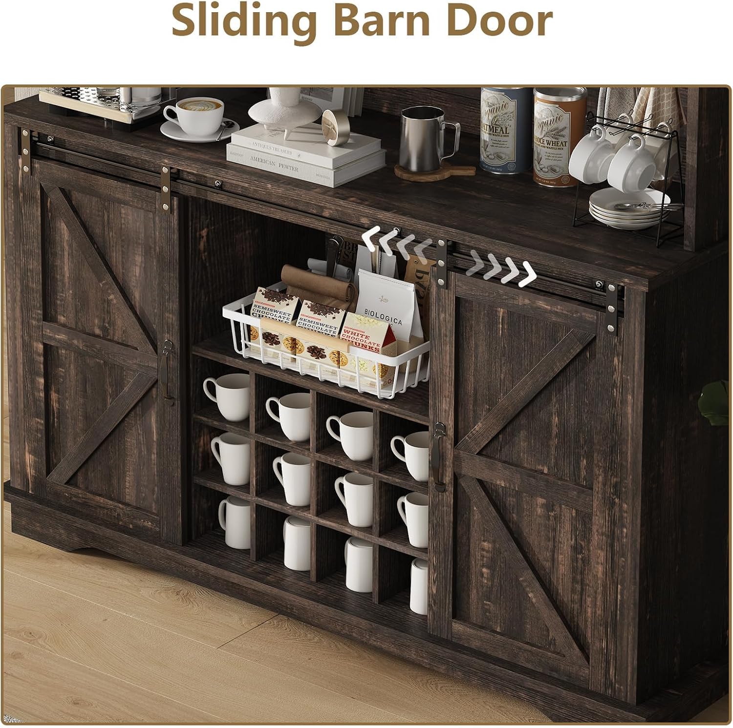 55 Inch Farmhouse Coffee Bar Cabinet with 3-Tier Enclosed Storage Cabinet, Kitchen Hutch with 12 Wine Racks & 3 Glass Holders, Coffee Bar with 6 Hooks, Wood Furniture for Dining Living Room, Oak