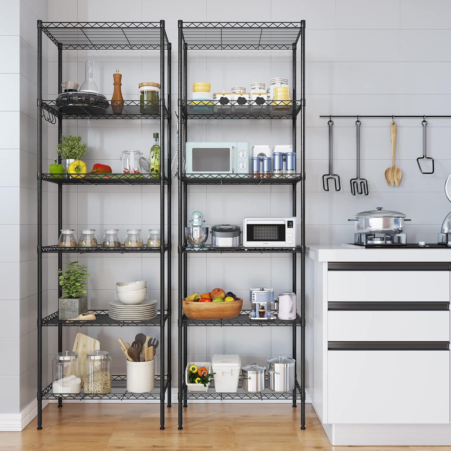 Himimi 6 Tier Storage Shelf Wire Shelving Unit Adjustable Rack Free Standing Organization with Leveling Feet, Stainless Side Hooks for Laundry Bathroom Kitchen Pantry Closet,2-Pack Shelves,Black