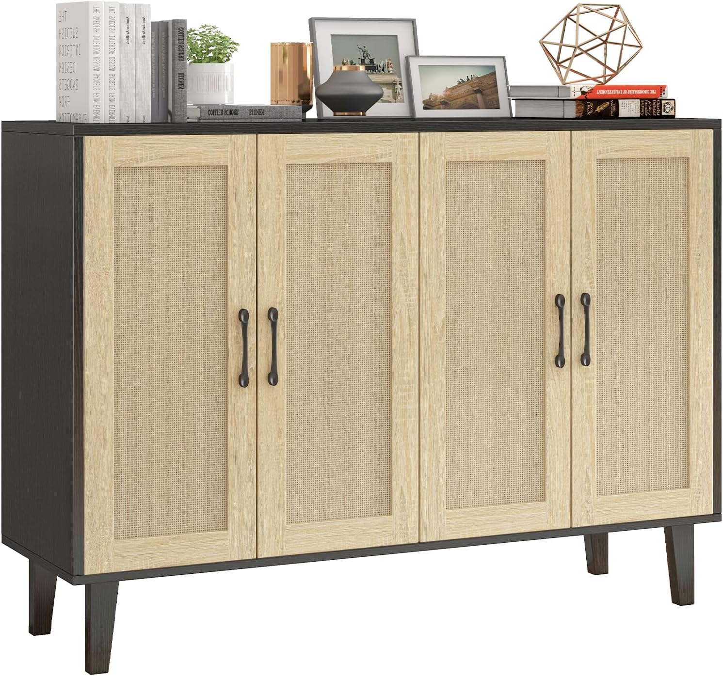 Panana Buffet Storage Cabinet with Rattan Decorating 4 Doors Living Room Kitchen Sideboard 48.43 x 34.65 x 15 inch (Black)
