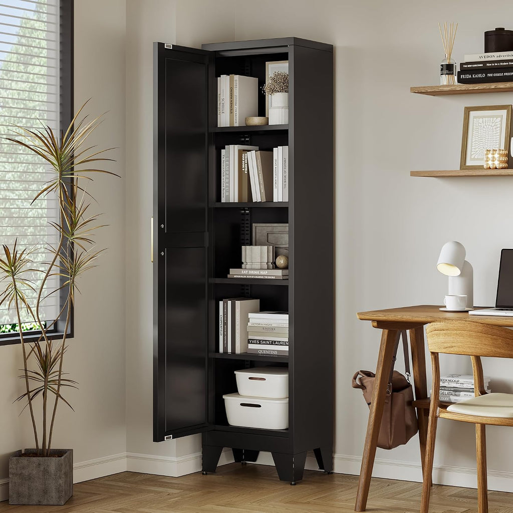 Washsemba 67''Farmhouse Metal Storage Cabinet with Barn Doors,Steel File Cabinet for Home Office,Kitchen Pantry 4 Adjustable Shelves,Freestanding Cupboard for Kitchen,HomeOffice (Black)