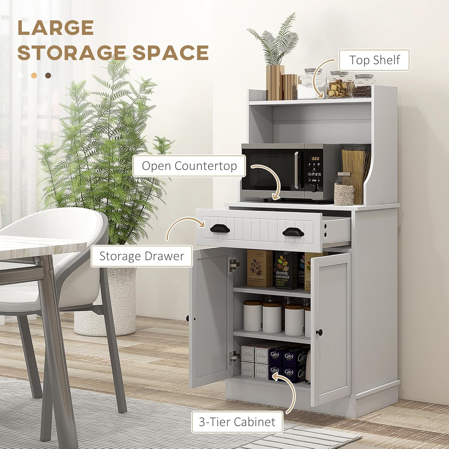 HOMCOM Microwave Cabinet with Storage Drawer, Double Door Cabinet and Adjustable Shelf, Buffet with Hutch and Cable Hole, Storage Cabinet for Kitchen, Dining Room, Living Room, White