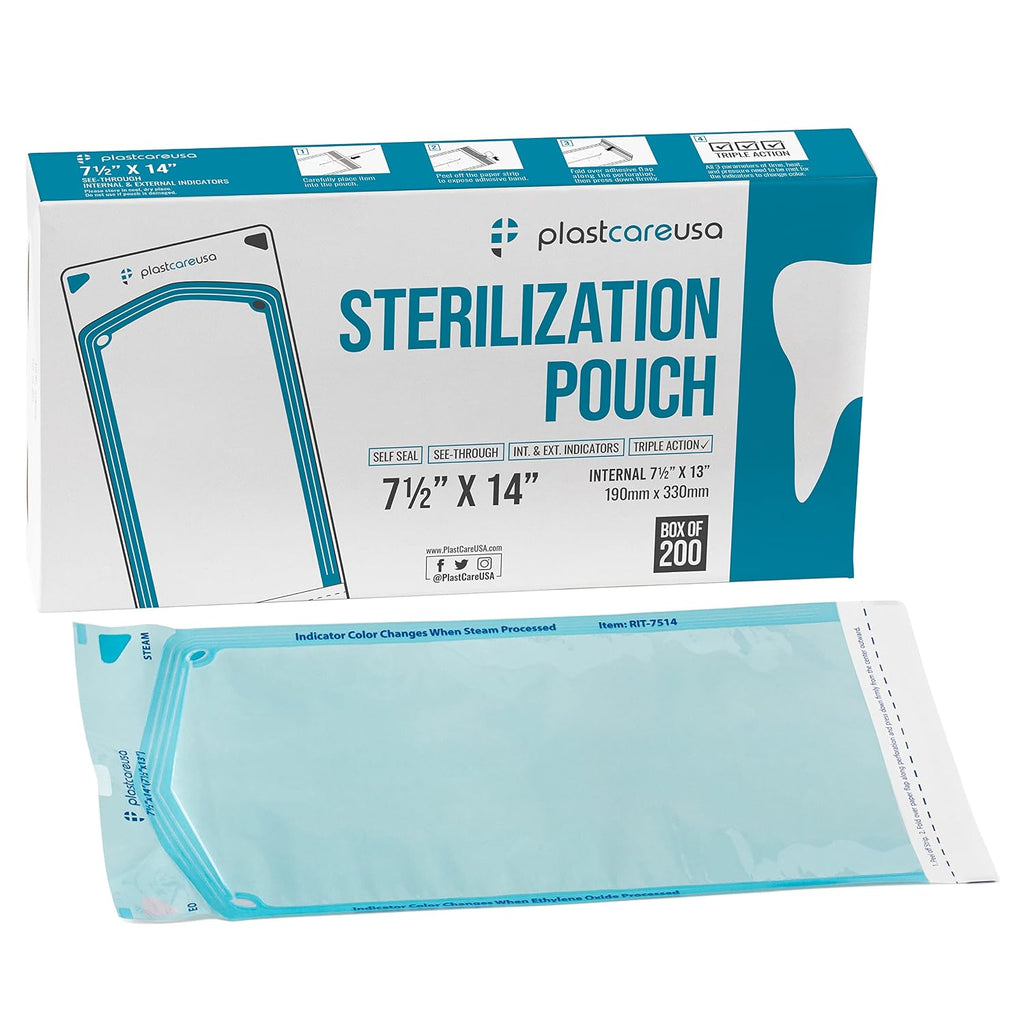 1000 7.5 X 13 Self Sealing Sterilization Pouches - Autoclave Sterilizer Bags Pouch for Sterilizing Dental Medical Instruments and Cleaning Tools - Latex-Free, Color Changin Indicator by PlastCare USA