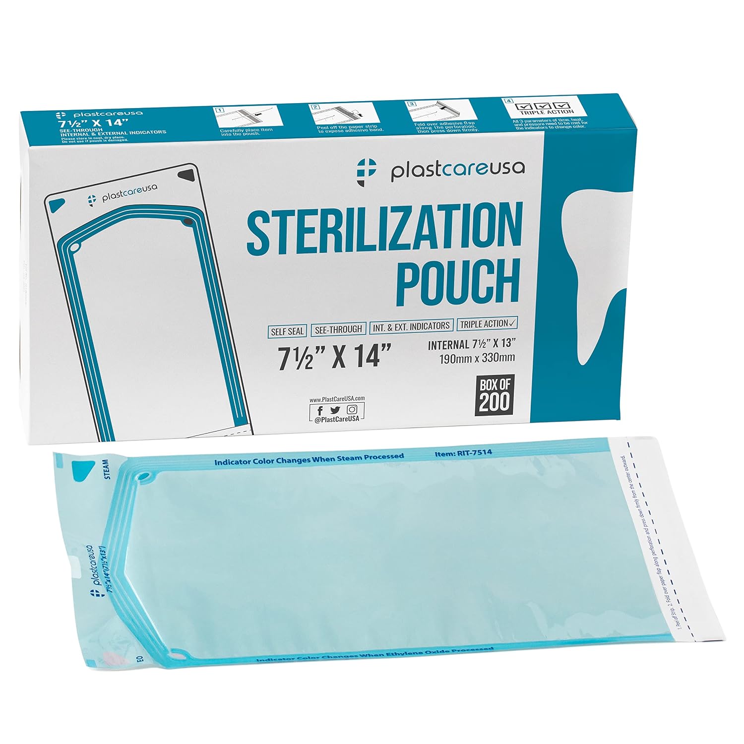 1000 7.5 X 13 Self Sealing Sterilization Pouches - Autoclave Sterilizer Bags Pouch for Sterilizing Dental Medical Instruments and Cleaning Tools - Latex-Free, Color Changin Indicator by PlastCare USA