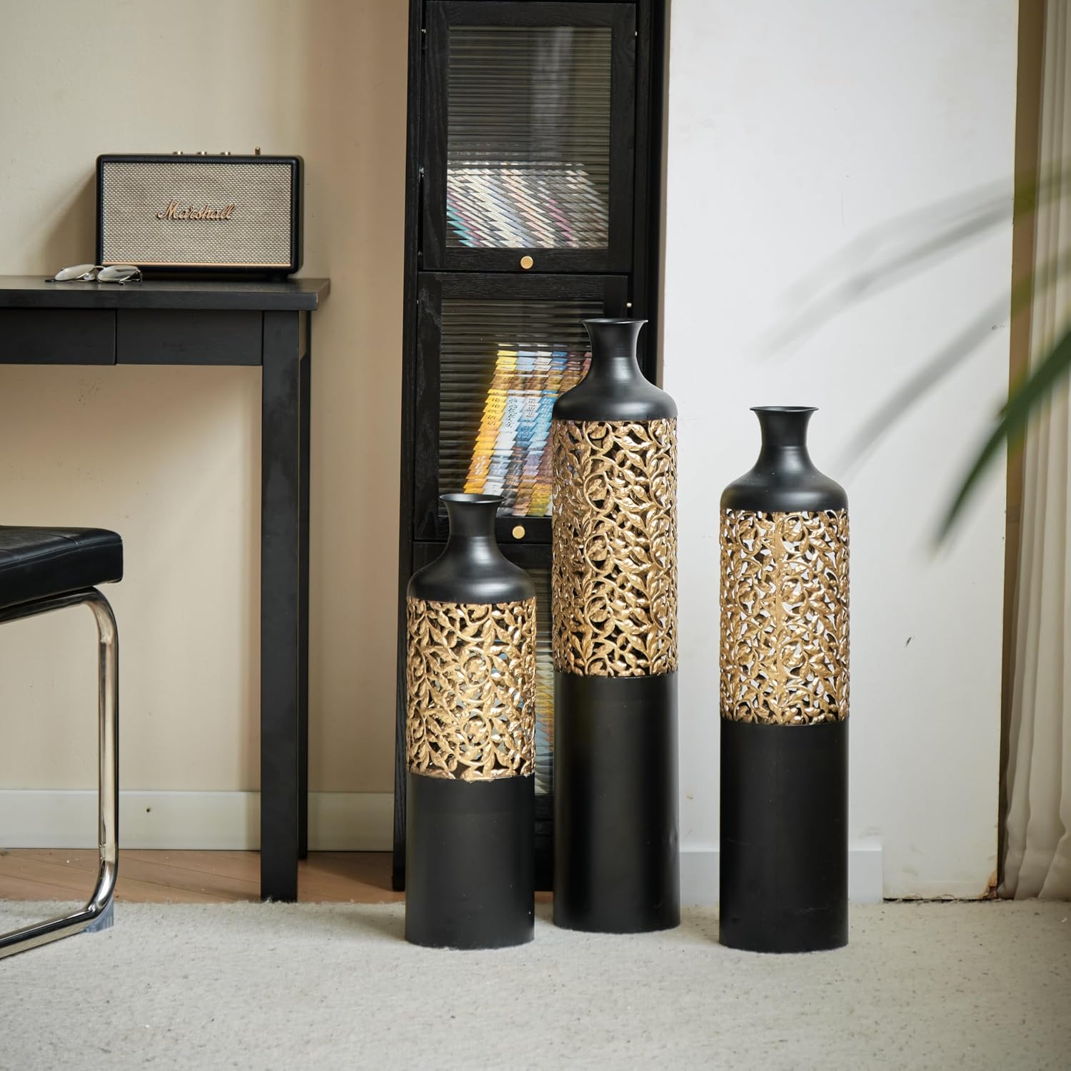 Floor Vases Decorative Tall - 20.8/24.8/28.7 in Metal Cylinder Vases Extra Large Decorative Vase Set of 3 Living Room Modern Big Standing Decor for Dining Bedroom Home Corner Indoor