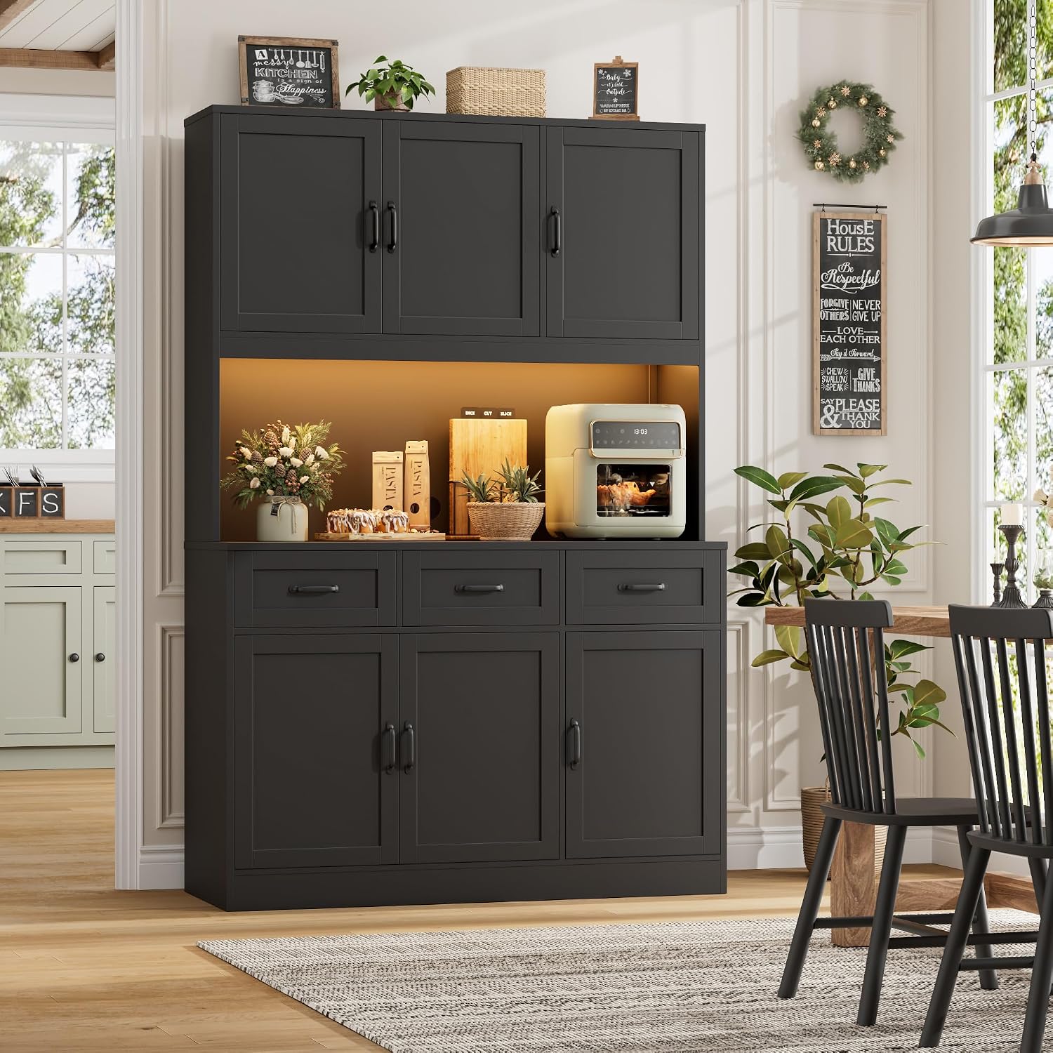 HOSTACK 72' Tall Kitchen Pantry Cabinet with Charging Station | LED Lights, 47' W Kitchen Pantry Storage Cabinet with Countertop, Modern Kitchens Hutch Cabinets with Storage for Dining Room, Black