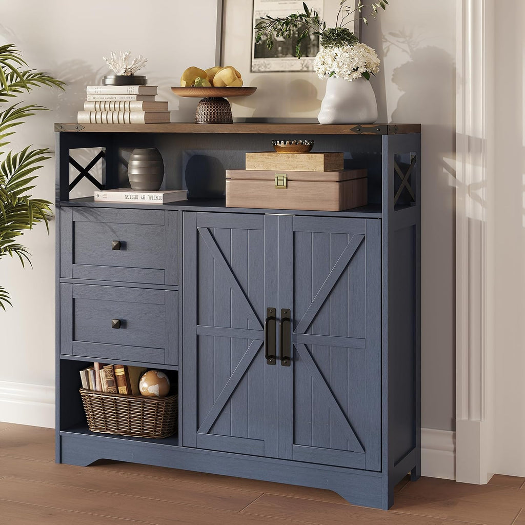 Fameill Farmhouse Storage Cabinet with Drawers and Open Storage,Freestanding Kitchen Pantry with 2 Barn Doors, Floor Cabinet with Adjustable Shelf for Living Room, Blue