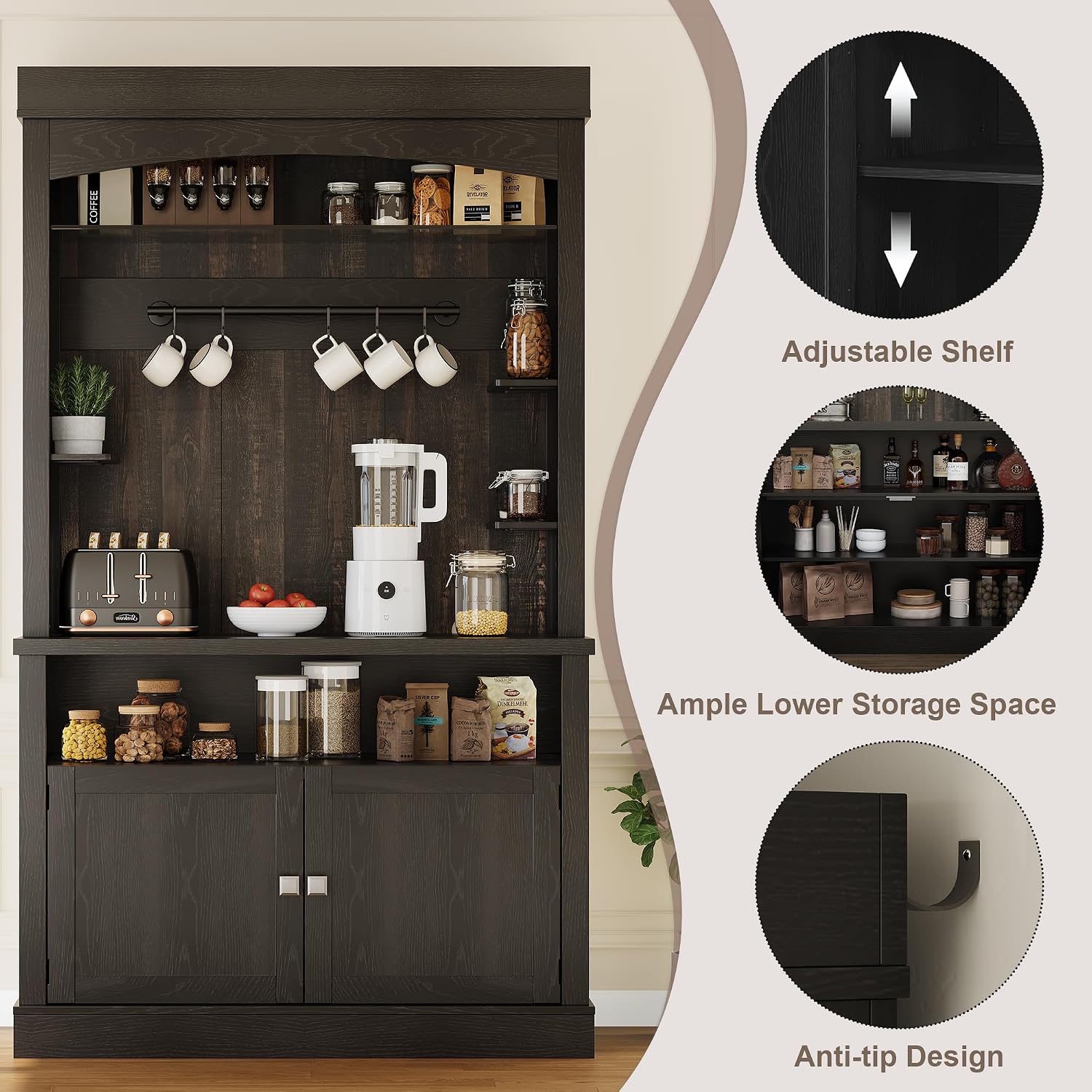 GarveeHome Coffee Bar Cabinet with LED Lights,72 '' Tall Buffet Cabinet with Storage,Farmhouse Kitchen Sideboard Tall Coffee Hutch with Microwave Stand/Wine Rack/Glass Shelf Dining Room (Black)