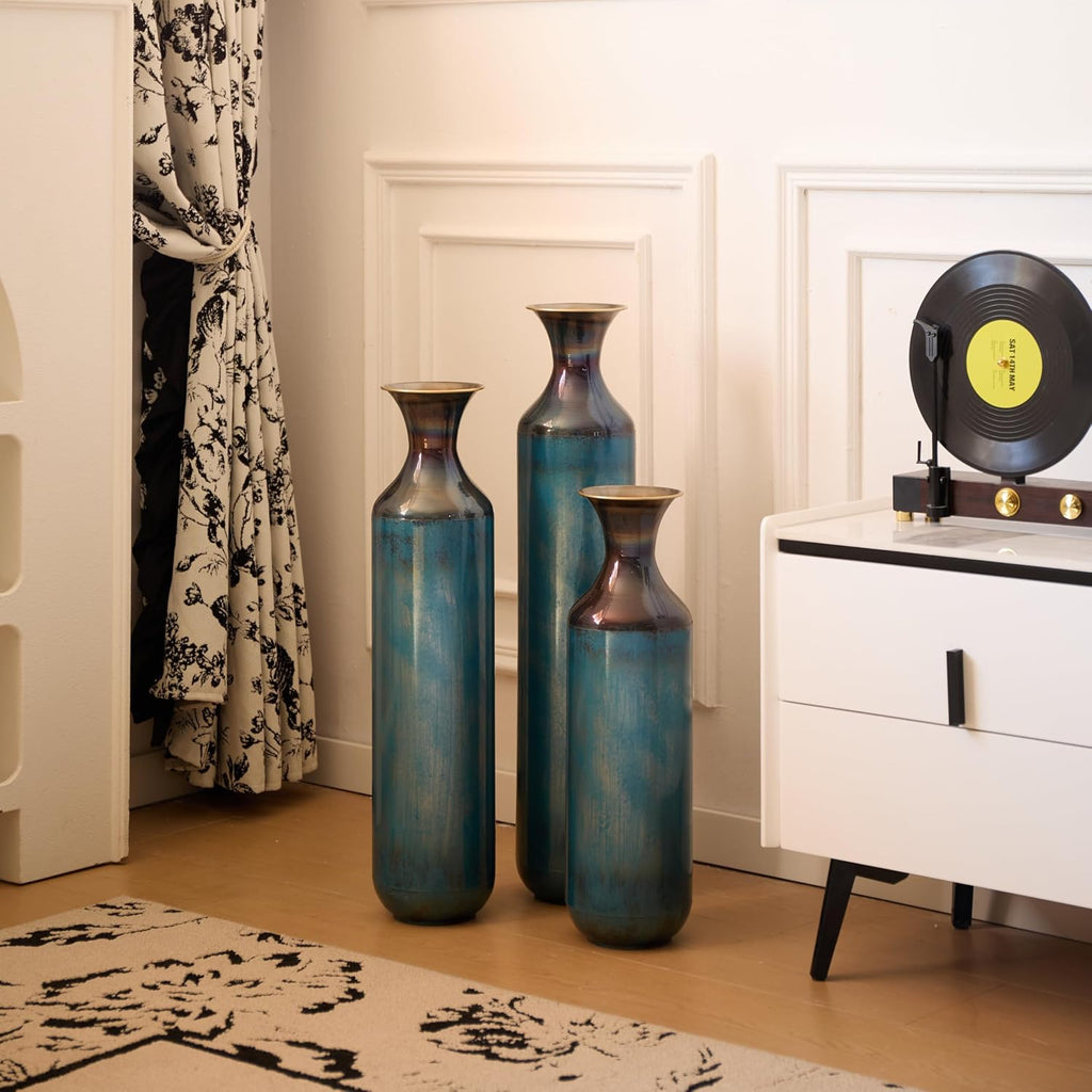 Aqua Blue Tall Floor Vase - 20.4/24.4/28.34 in Metal Droplet-Shaped Vases Extra Large Decorative Vase Set of 3 Living Room Modern Gorgeous Home Decoration Large Glazed Metal Vase