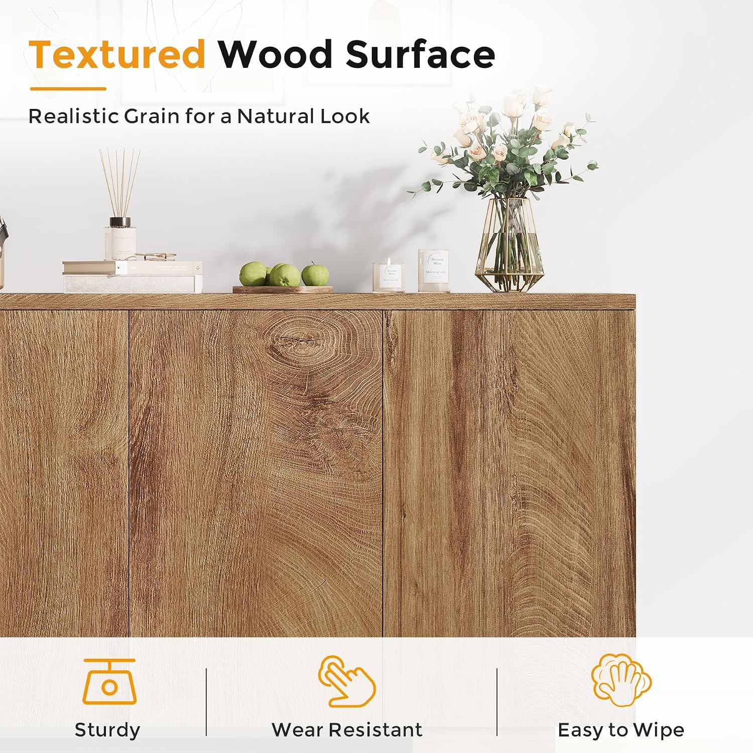 Sideboard Buffet Cabinet with Storage, Farmhouse Coffee Bar Cabinet with 4 Doors & Adjustable Shelves for Living Room, Kitchen, Hallway, Oak