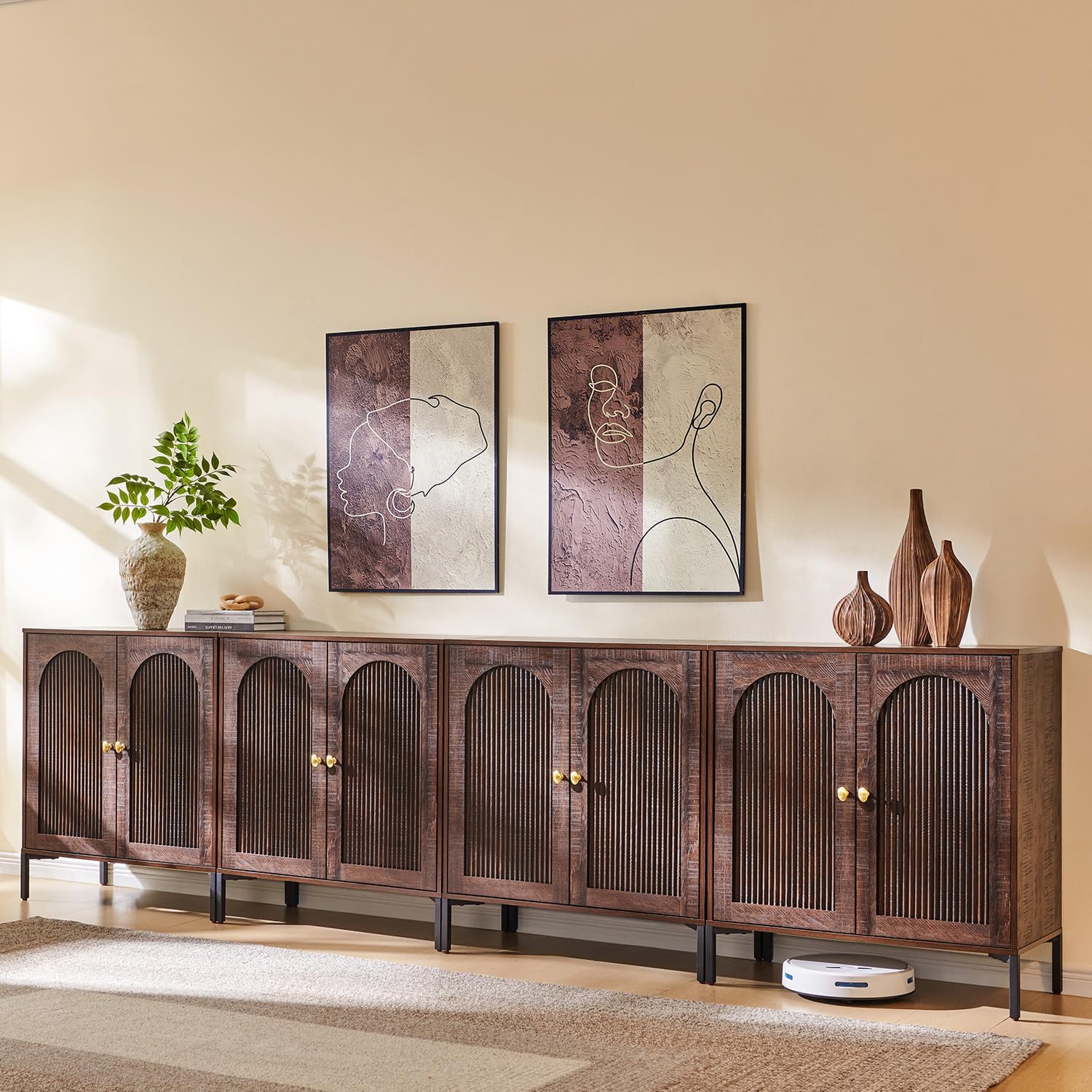 IFGET Modern Buffet Cabinet with Storage, 123.5' W Fluted Arched Sideboard Cabinet w/Adjustable Shelves, Wooden Modular Coffee Bar for Dining Room, Kitchen, Living Room, Entryway, Brown