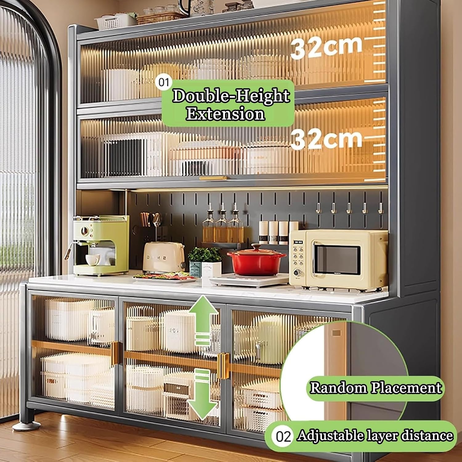 JKGHK Kitchen Pantry Storage Cabinet, Kitchens Baker's Rack with Acrylic Cabinet Door, Buffet Cabinets On Wheels with Pegboard, for Garage Pantry Home Spices(White,24x68in)
