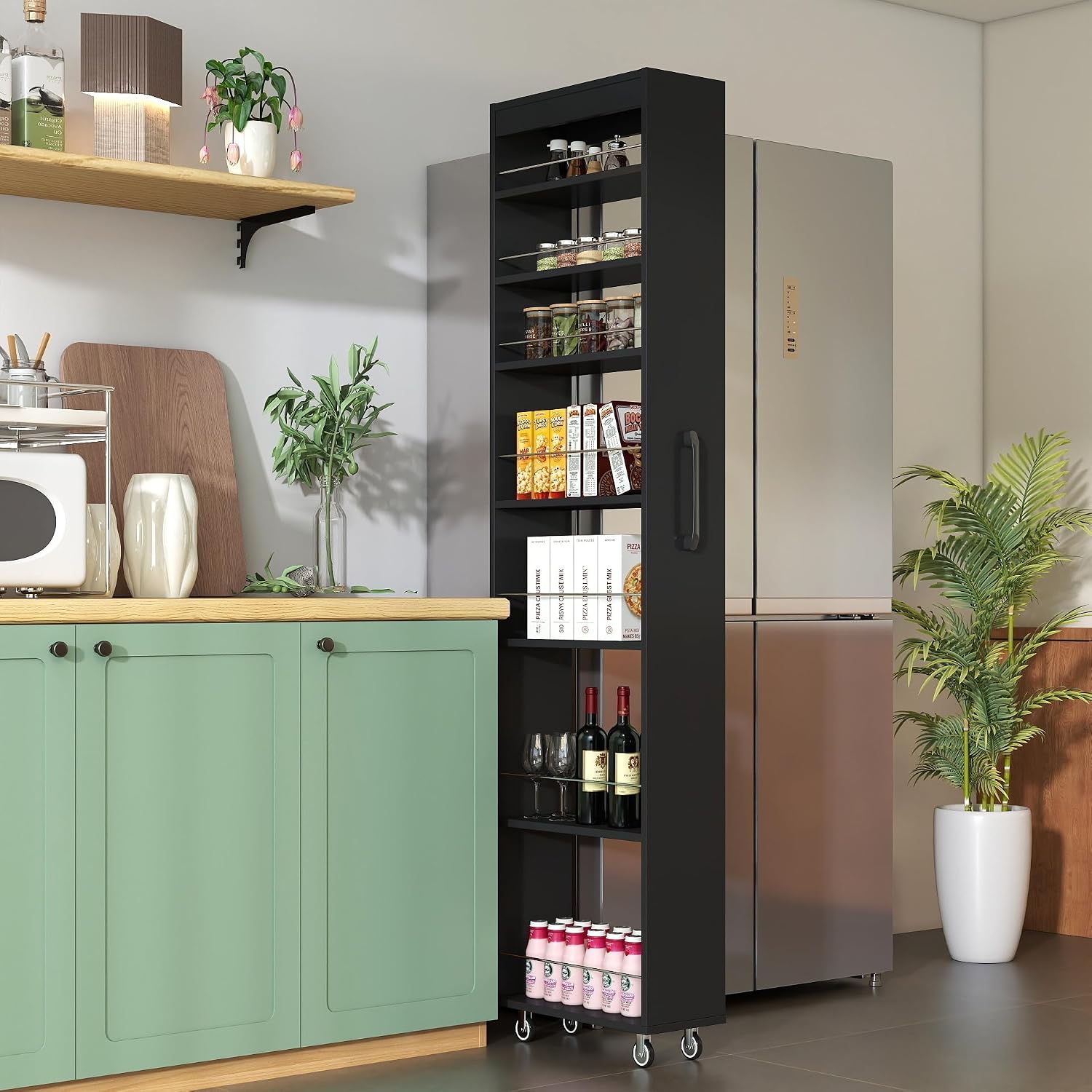 71' Mobile Rolling Design Freestanding Storage Cabinet, Kitchen Storage Bakers Rack with 7-Tier Open Shelves, Utility Food Cupboard with Narrow Space Fit for Kitchen Living Room, Black
