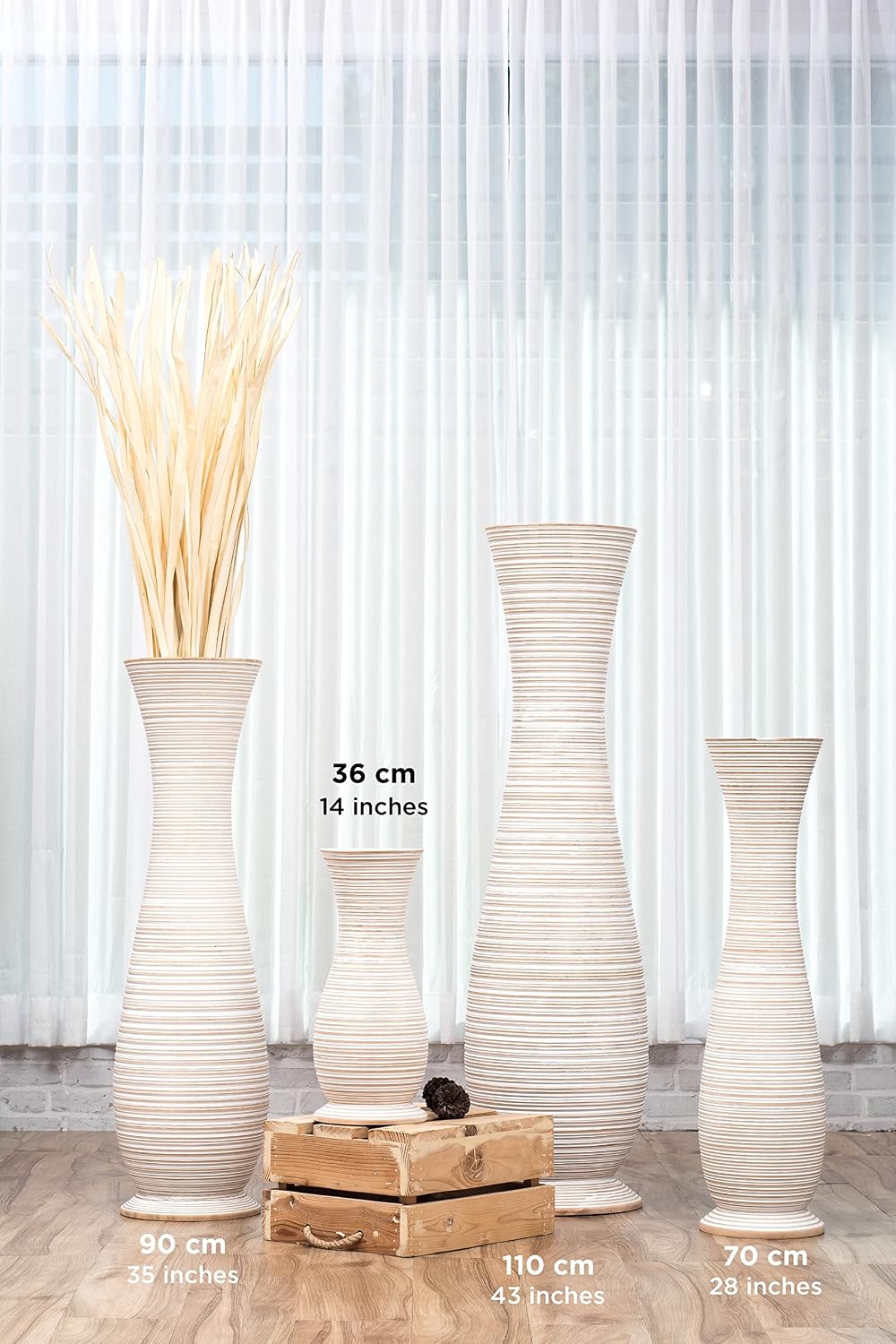 Leewadee Large White Wash Home Decor Floor Vase – Wooden 36 inches Tall Farmhouse Decor Flower Holder for Fake Plant and Pampas Grass