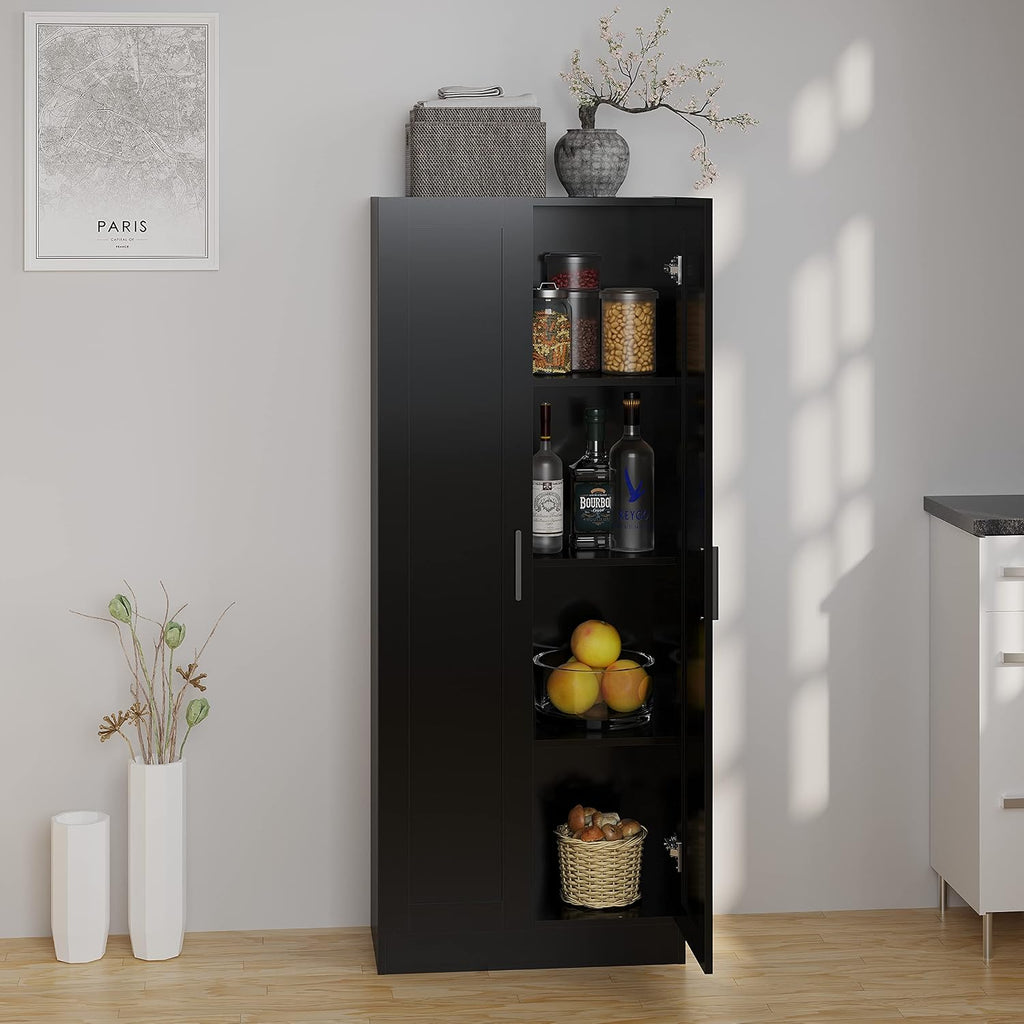 Panana Wooden Storage Cabinet, Narrow Pantry Cabinets Free Standing Tall Storage Cabinet with 2 Doors and Shelves (Black)