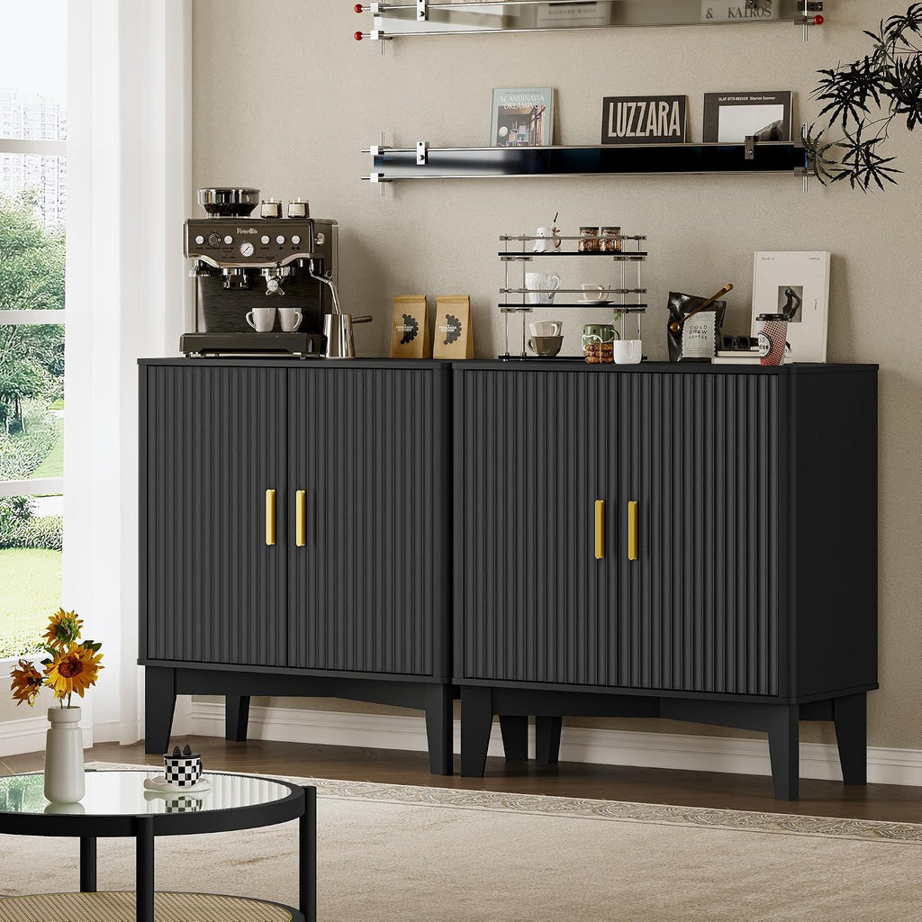 BORNOON Storage Cabinet with Doors and Adjustable Shelf, Modern Fluted Sideboard Buffet Cabinet, Freestanding Coffee Bar for Kitchen, Pantry, Entryway, Living Room (Black)