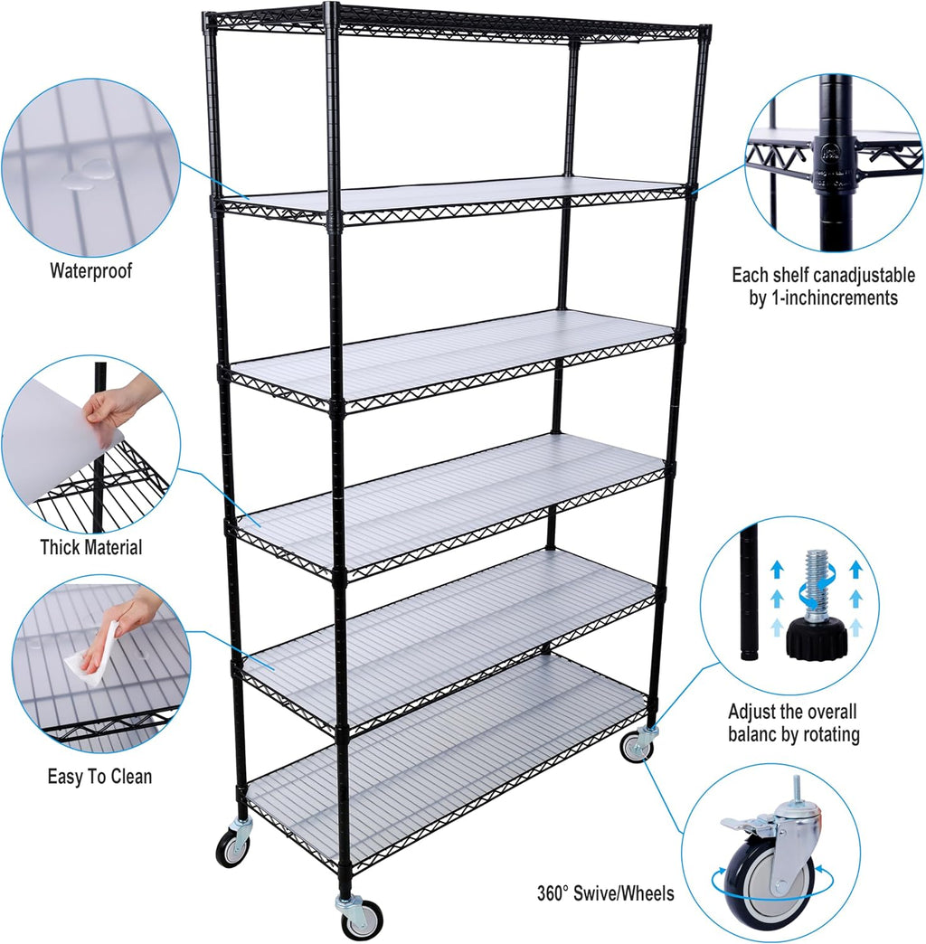 Heavy-Duty 6-Tier NSF Commercial Shelving Unit - 6000LB Capacity Adjustable Metal Storage Rack with Wheels, 84' H x 48' L x 20' D, Steel Wire Shelving for Warehouse/Garage/Restaurant (Black)