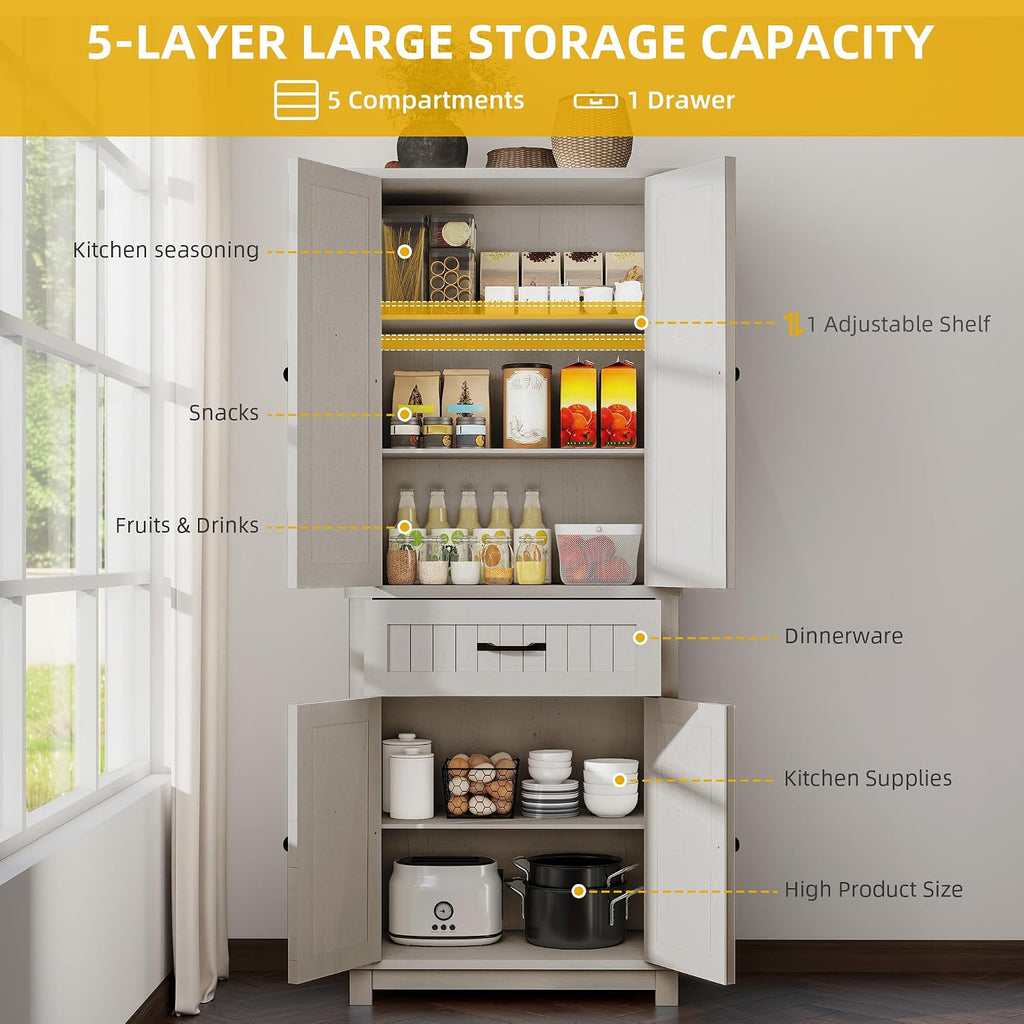 DWVO 72' Tall Farmhouse Pantry Cabinet, Kitchen Storage Pantry with Barn Doors & Drawer, Versatile Organizer with Adjustable Shelves, Rustic Cupboard for Dining Room, Living Room, White Oak