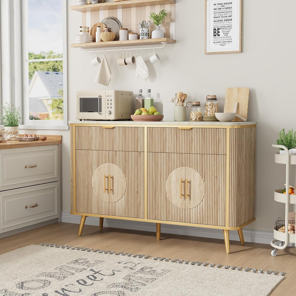 47.2' Buffet Storage Cabinet, Modern Fluted Coffee Bar Station with 2 Drawers & Adjustable Shelves, Kitchen Sideboard Buffet for Dining Room, Living Room, Hallway, Natural Oak