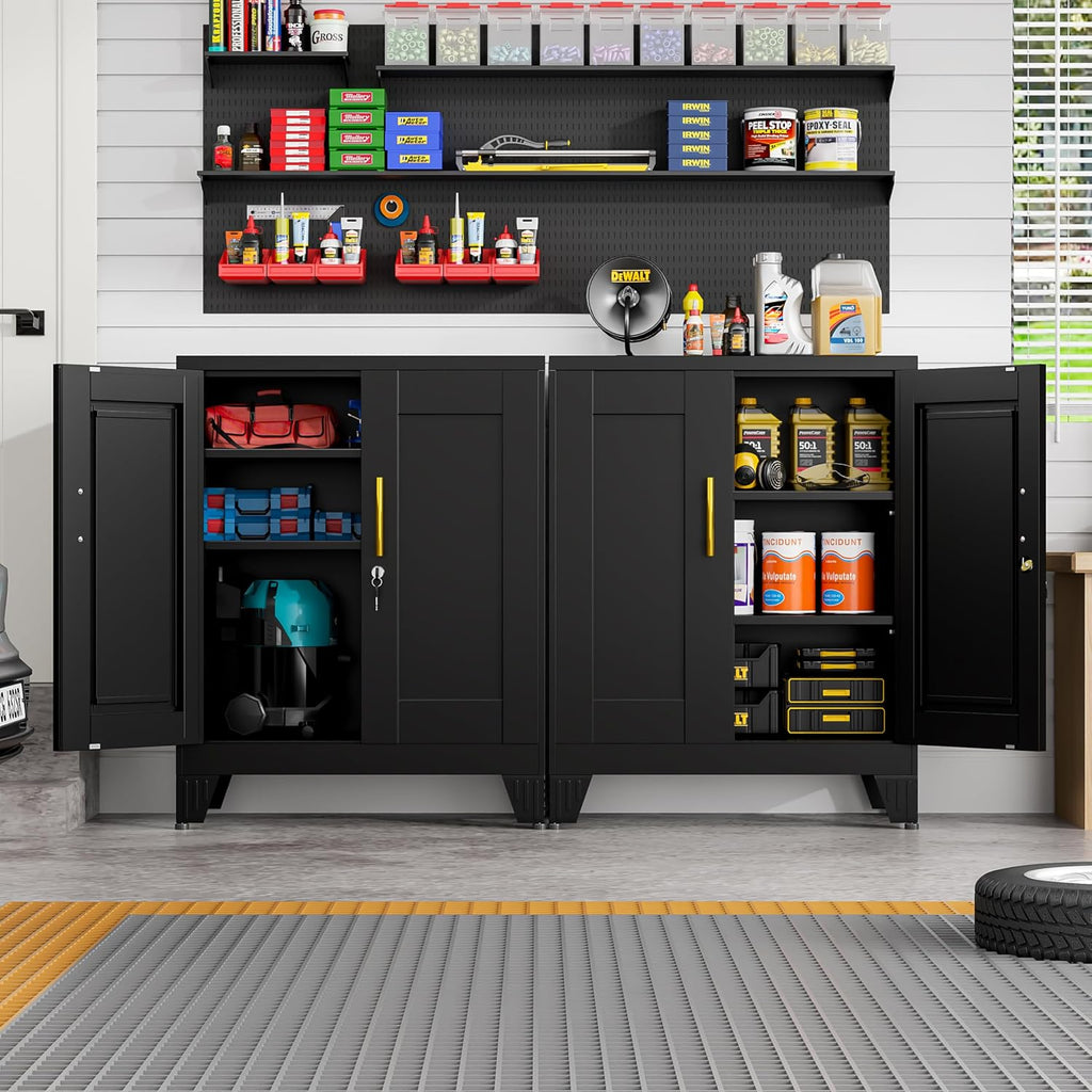 GAIOUS Black Metal File Cabinet with Lock (Two Units), Steel Storage Cabient with 2 Doors and 2 Adjustable Shelves, Multifunctional Locked Cabinet for Home/Office/Garage/Tool Room, Accent Furniture