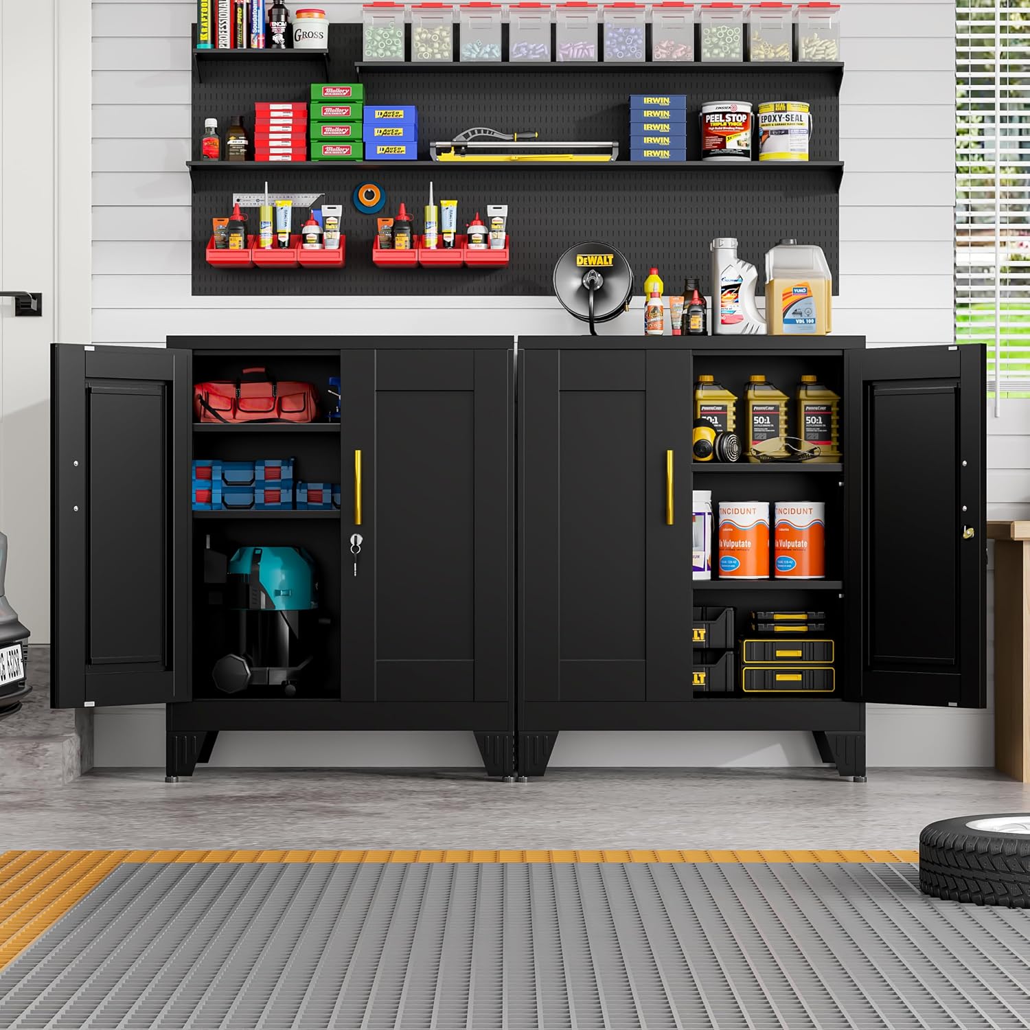 GAIOUS Black Metal File Cabinet with Lock (Two Units), Steel Storage Cabient with 2 Doors and 2 Adjustable Shelves, Multifunctional Locked Cabinet for Home/Office/Garage/Tool Room, Accent Furniture