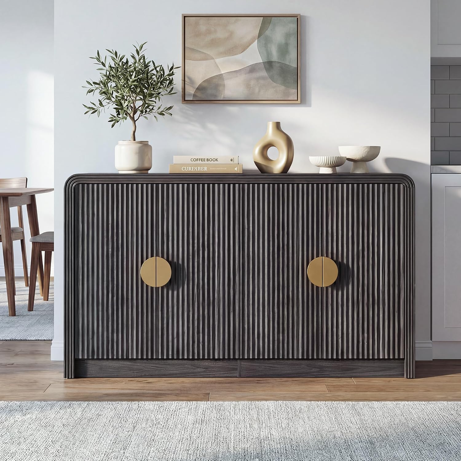 Decofy 55' Buffet Sideboard Cabinet, Mid Century Modern Console Cabinet with Wavy Grain Doors & Adjustable Shelves for Kitchen Cabinets, Living Room, Entryway, Coffee Bar Cabinet, Black Walnut