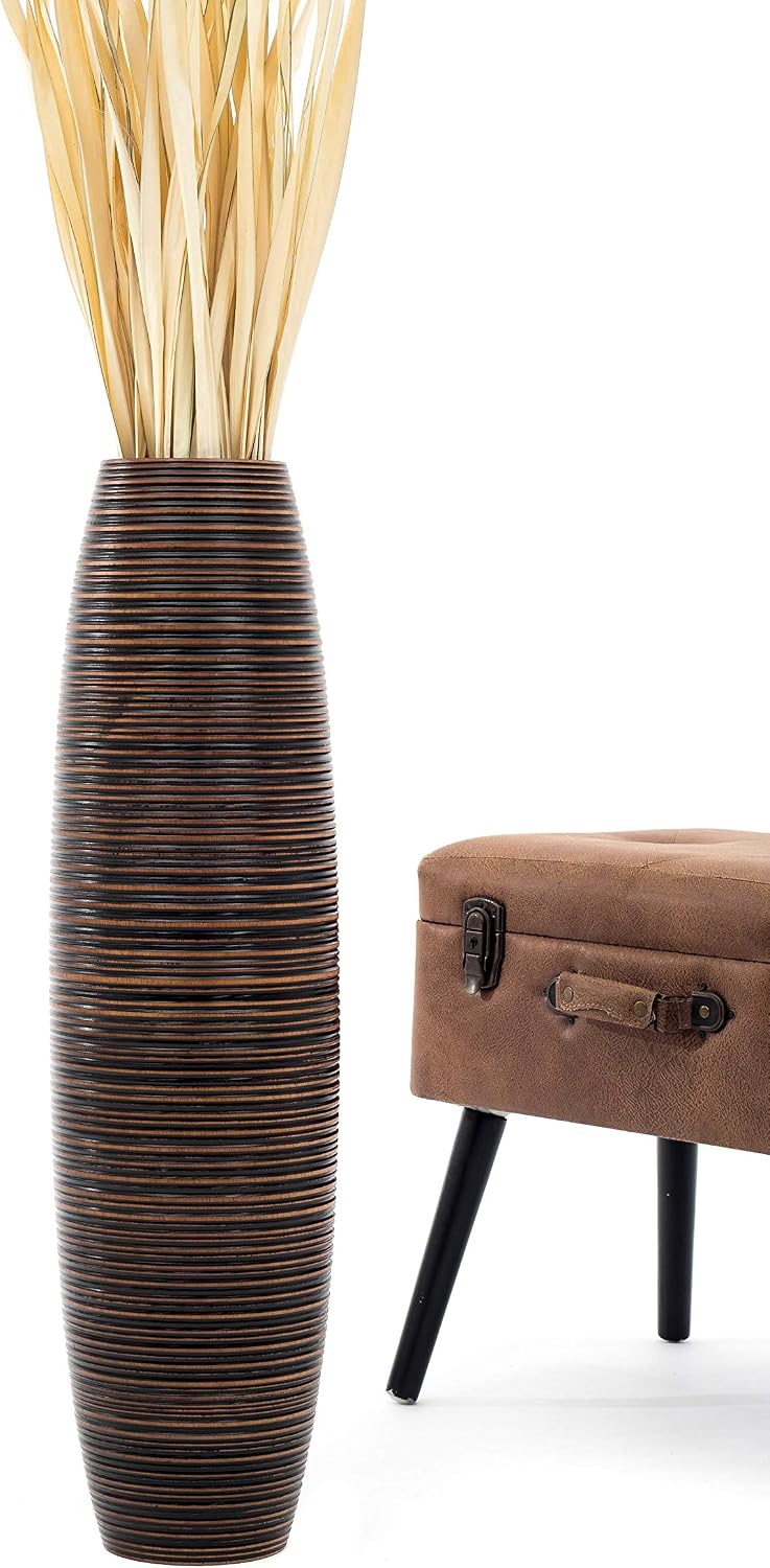 Leewadee Large Brown Home Decor Floor Vase - Wooden 26 inch Tall Farmhouse Decor Flower Holder for Fake Plant and Pampas Grass