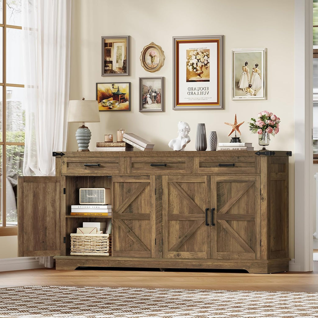usikey 61' Large Buffet Cabinet with 4 Doors and 3 Drawers, Farmhouse Buffet Sideboard Cabinet with Storage, Coffee Bar Wine Bar for Living Room, Honey Brown