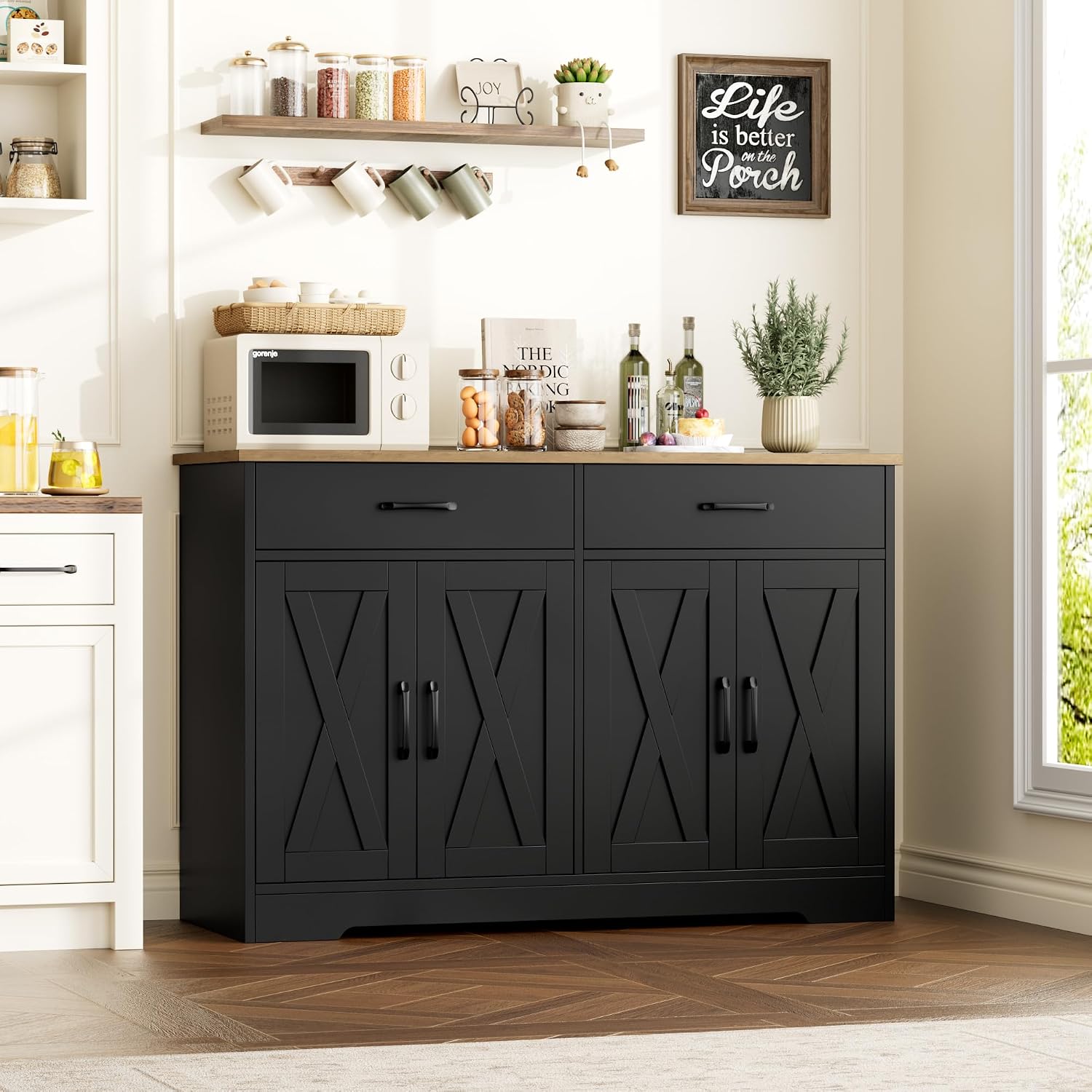 HOSTACK Buffet Cabinet with Storage, 47.2' Kitchen Sideboard Buffet with Drawers, Modern Farmhouse Coffee Bar Station with Shelves, Barn Doors Storage Cabinet for Living Room, Black/Rustic Brown