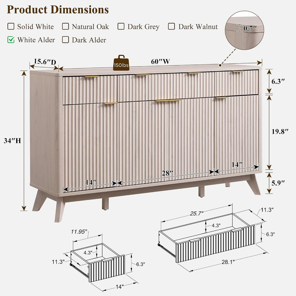 OKD Fluted Storage Cabinet with Drawers, 60' Morden Buffet Sideboard Coffee Bar Cabinet with 4 Doors and 3 Drawers for Dining Room, Living Room,Hallway (White Alder)