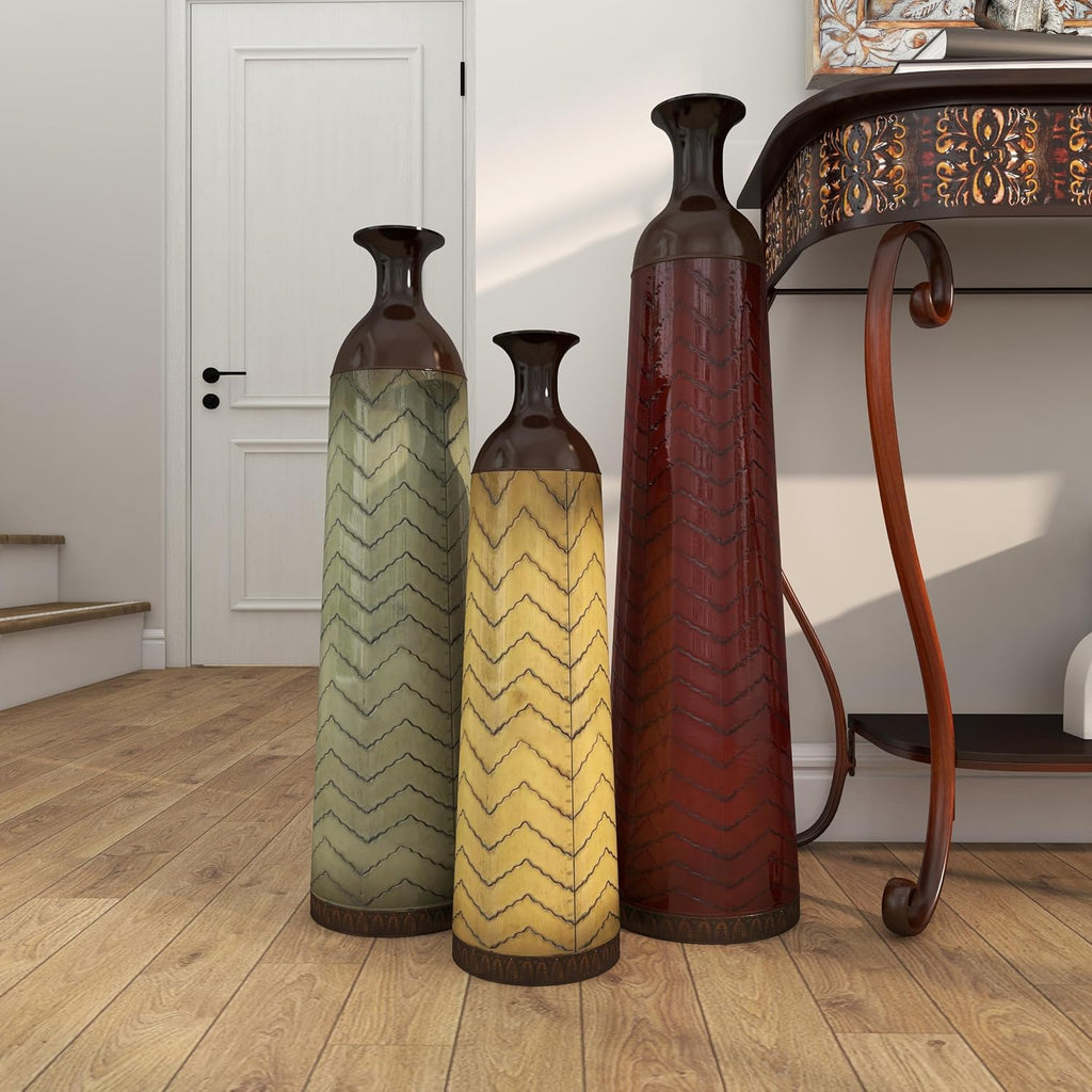 Deco 79 Metal Decorative Vase Tall Enameled Bottleneck Floor Centerpiece Vases with Chevron Pattern, Set of 3 Vases for Home Decoration 32', 27', 22'H, Multi Colored