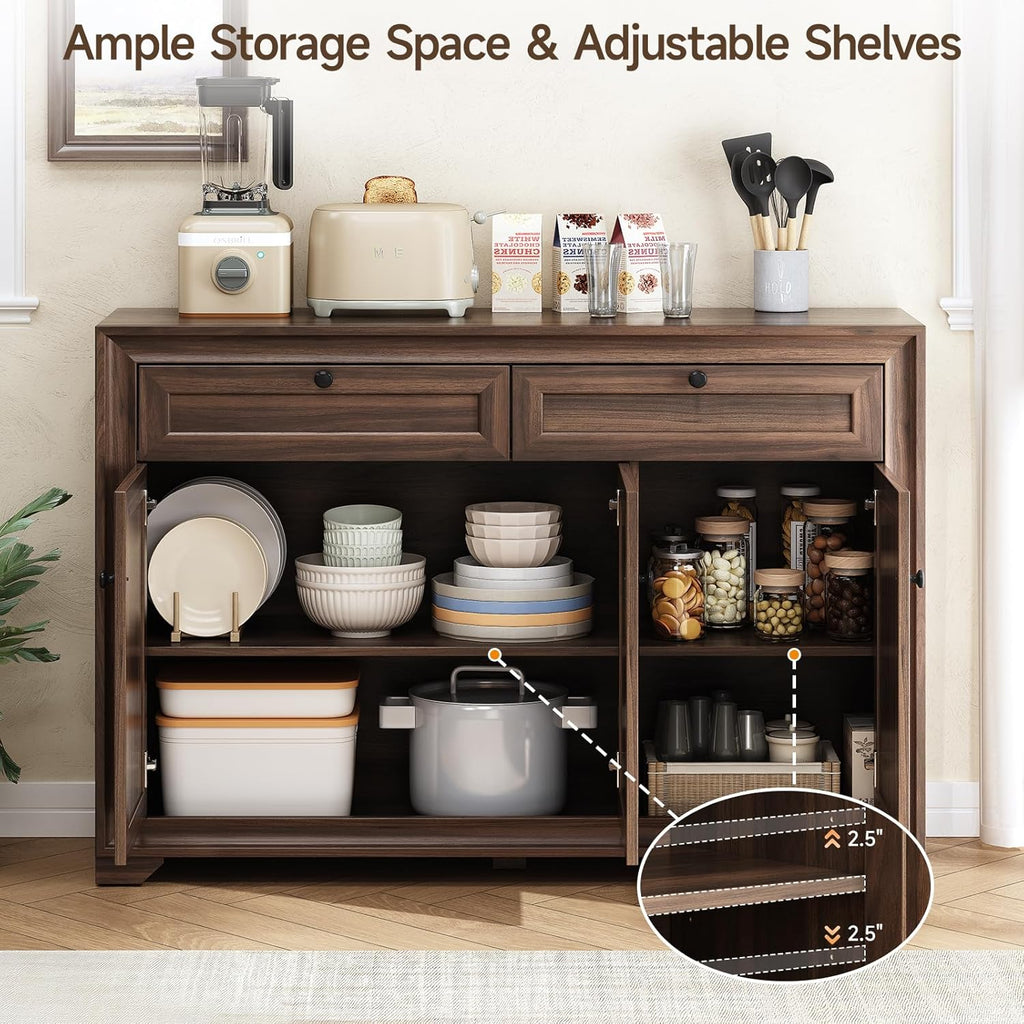 ONBRILL 48 Inches Sideboard Buffet Cabinet with Storage, Farmhouse Sideboard with 2 Drawers and 3 Doors, Wood Coffee Bar Cabinet with Adjustable Shelves for Living Room, Kitchen, Hallway, Brown