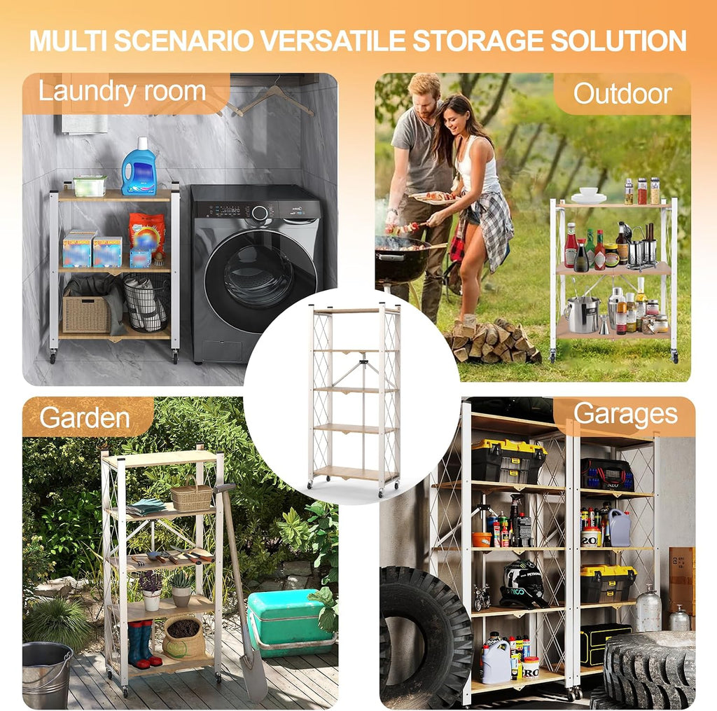 5-Tier Foldable Storage Shelves with Wheels | Portable Structure, Suitable for kitchen, bedroom, living room, bathroom, garage, wood grain transfer, 59*26*13in