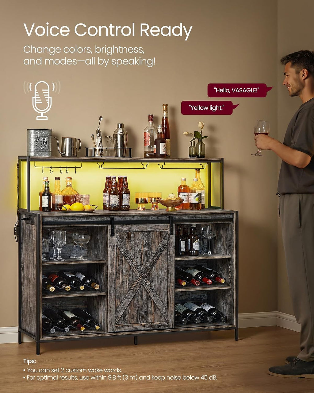 VASAGLE Coffee Bar Cabinet with Power Outlet and Voice Control LED Light, Buffet Cabinet with Sliding Barn Doors, S Hooks, Wine Glass Racks, Bottle Holders, Maple Gray ULSC201G01