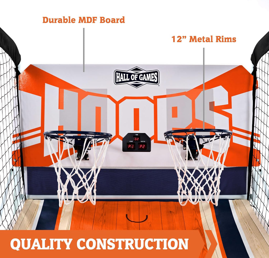 Hall of Games EZ Fold Premium Indoor Arcade Basketball Game with Steel Frame and Polycarbonate Backboard, Dual Shot Electronic Scoring with 6 Size 3 Balls Included, Perfect for Basement Game Rooms